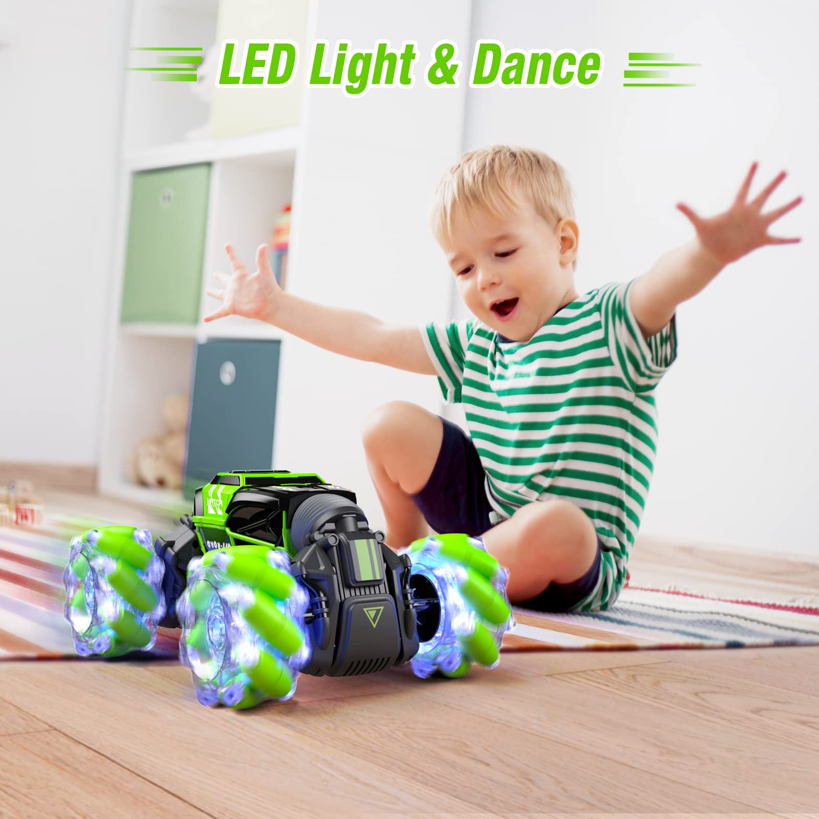 PowerExtra 4WD LED Gesture Remote Control RC Car - 360° Rotating Off-Road Stunt Car with Lights, Transformable Toy Car for Boys & Girls Ages 6-12 | Birthday Gifts, Indoor/Outdoor Play, Racing Competition