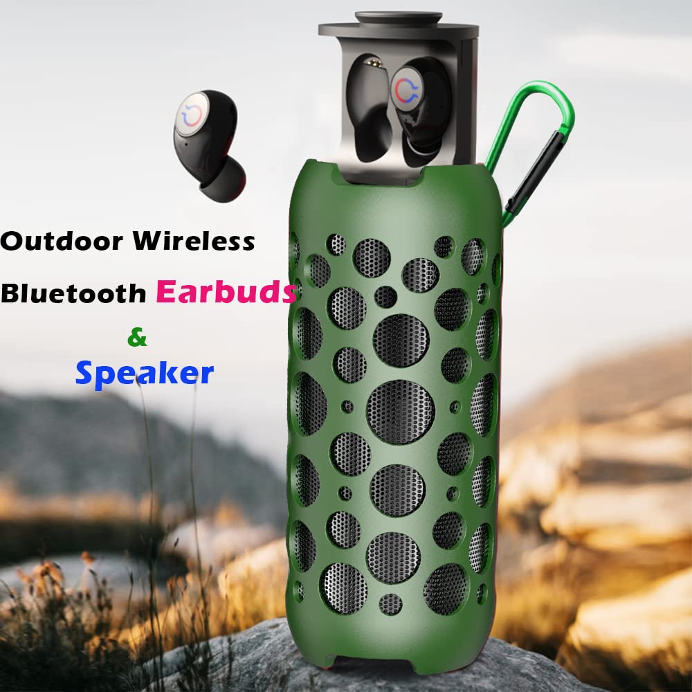 2-in-1 Wireless Bluetooth Speaker with Earbuds - Portable Mini Speaker with Deep Bass & Built-in Mic - Waterproof Outdoor Speaker for Camping, Beach, Hiking - Wireless Earbuds for Gym, Running, Travel - Green