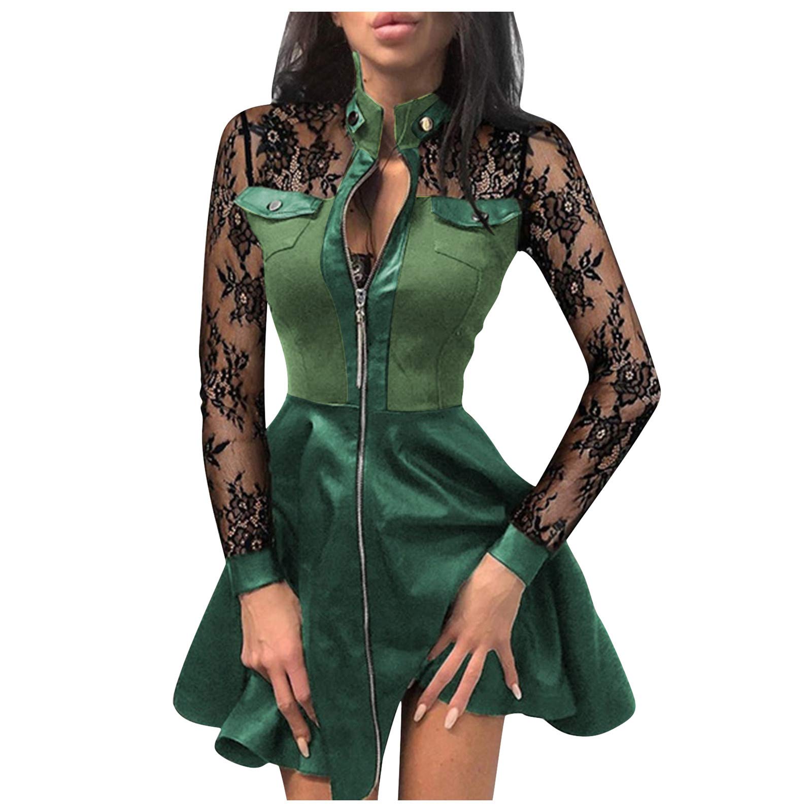 BOOBILY Women's Fuchsia Pink Mesh Lace Patchwork Leather Dress with Zipper Design - Elegant Party, Cocktail, Wedding Guest & Special Occasion Outfit