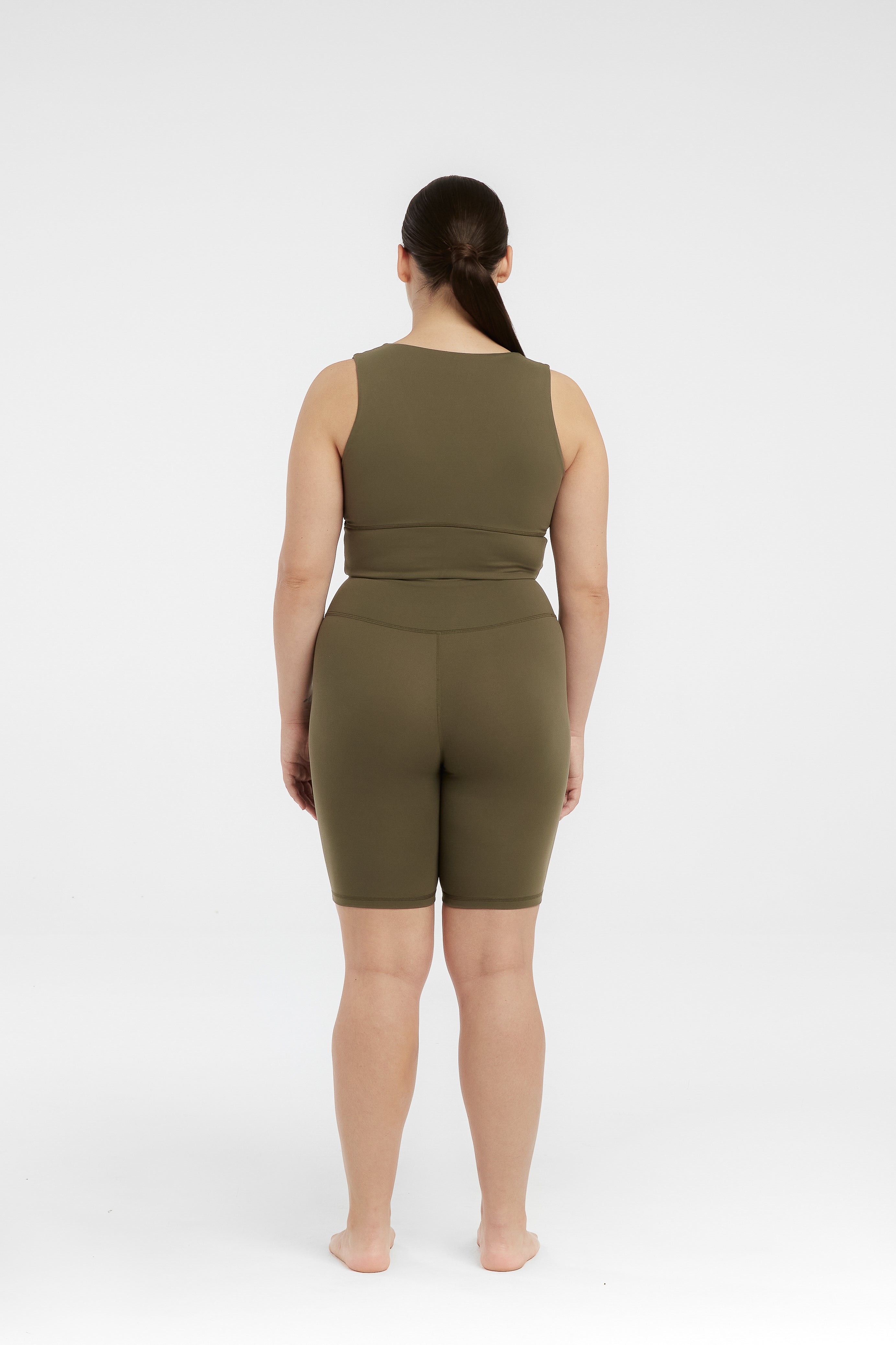 High Rise V Cut Bike Shorts for Women - Sculpt & Stretch Workout Shorts in Army Green - Perfect for Cycling, Yoga, and Gym Training