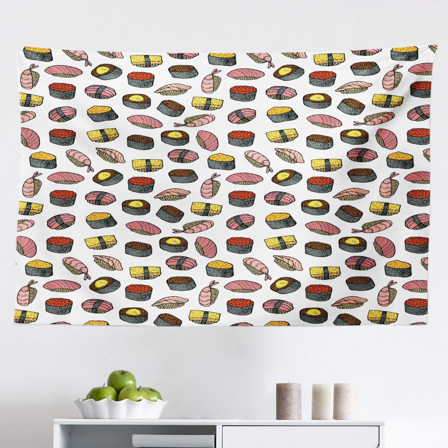 Ambesonne Sushi Tapestry - Japanese Sashimi & Rolls Doodle Art Fabric Wall Hanging Decor for Bedroom, Living Room, Dorm - 45