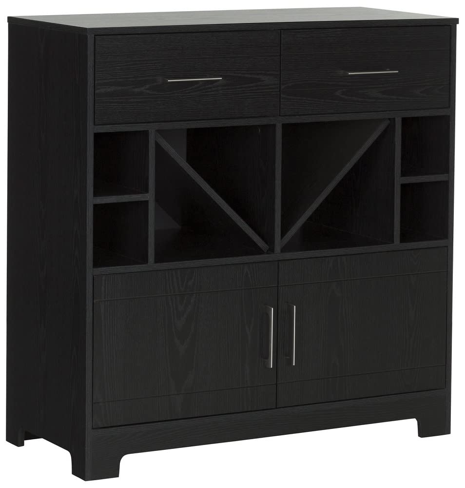 South Shore Vietti Bar Cabinet with Liquor & Wine Storage, 2 Drawers & Metal Handles - Black Oak Finish for Home Bar, Dining Room, or Living Room Decor