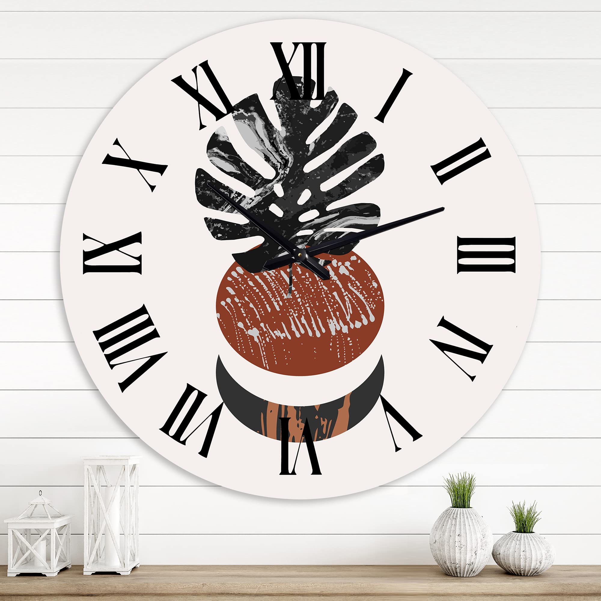 DesignQ Modern Abstract Minimal Sun, Moon & Tropical Palm Leaf Wall Clock - Large Fractal Art Office Decor for Home & Workspace - Perfect for Living Room, Bedroom or Contemporary Office Spaces