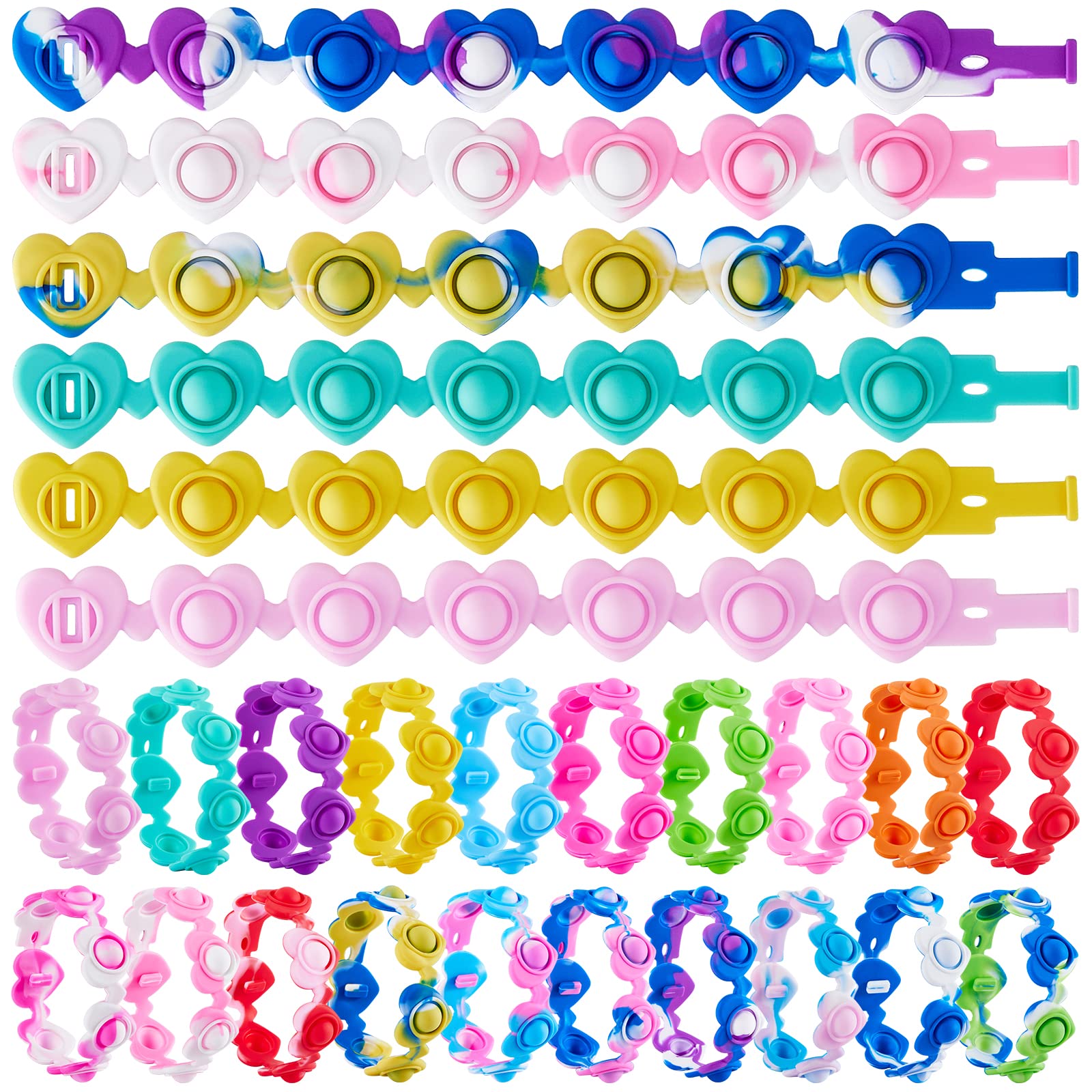 Pop On It Fidget Hearts Bracelet - 20pcs Sensory Fidget Toys for Kids with Autism & ADHD, Party Favors, Pinata Stuffers, Treasure Box Prizes, Classroom Rewards - Perfect for Birthday Parties, Stress Relief & Focus Aid
