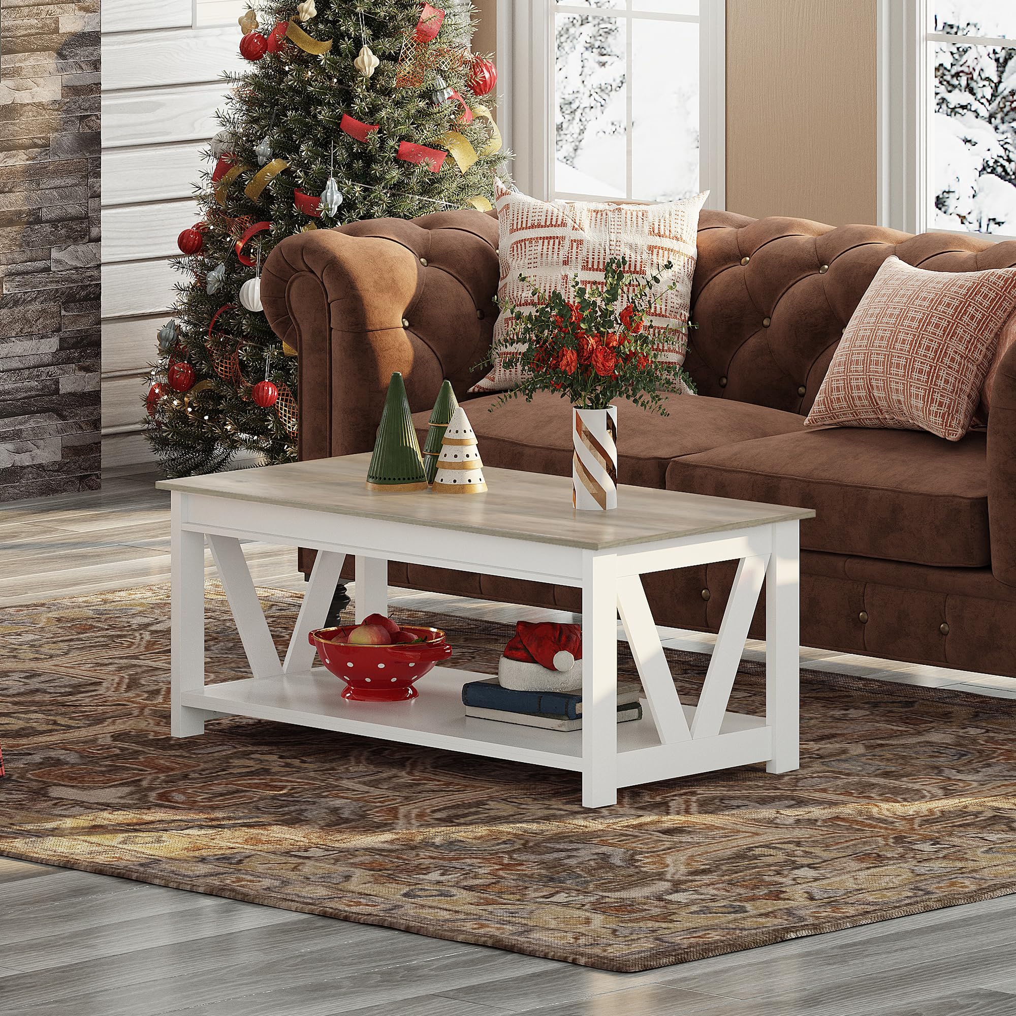 43 Inch Farmhouse Coffee Table with Storage Shelf & V-Shaped Support - Solid Wood Living Room Center Table for Bedroom, Office, Balcony - White | Rustic Home Decor, Perfect for Small Spaces & Coffee Lovers