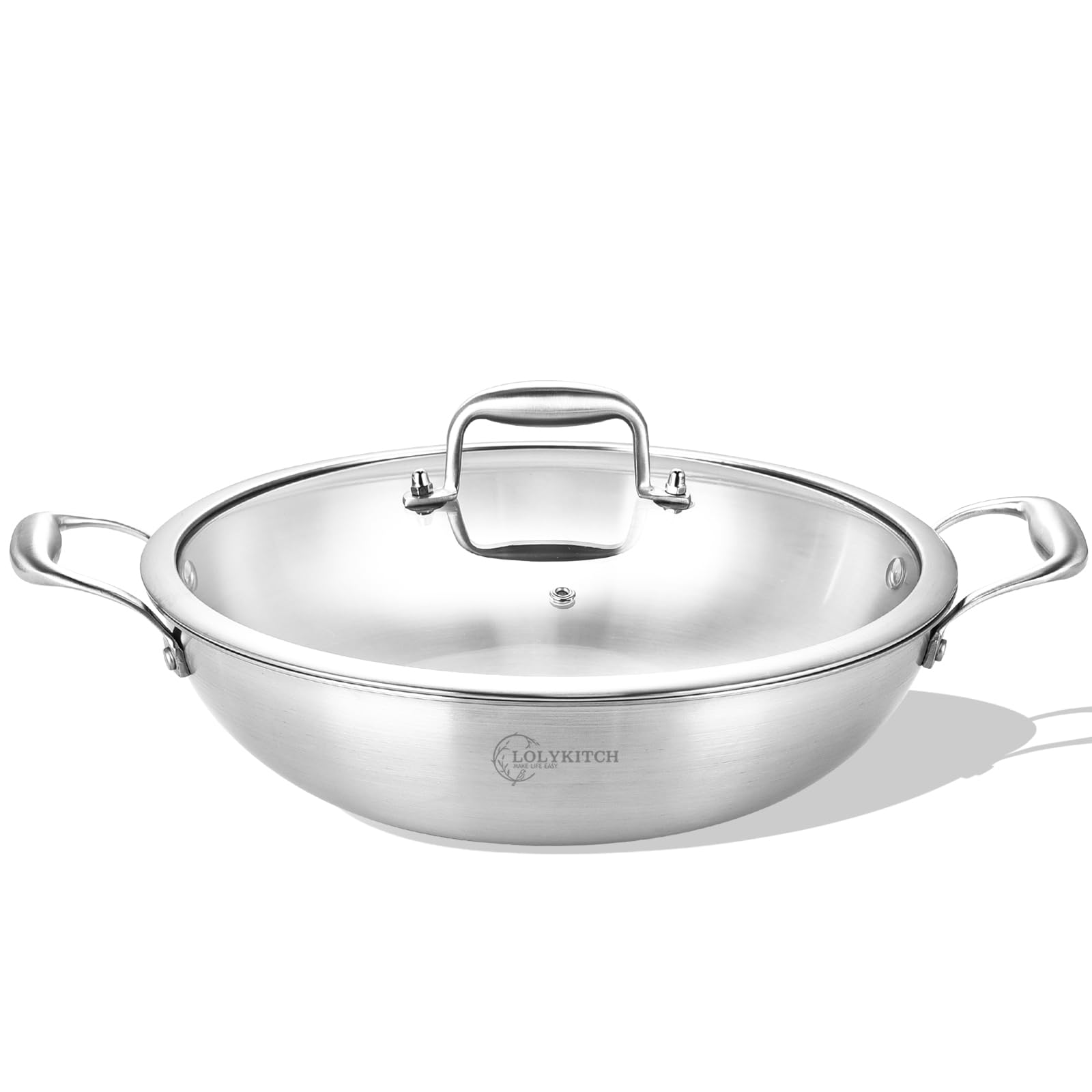 12 Inch Tri-Ply Stainless Steel Wok Pan with Lid - 5 QT Kadai Pan, Jumbo Cooker for Induction Cooking | Heavy Duty, Dishwasher & Oven Safe | Perfect for Stir-Frying, Deep Frying & Asian Cuisine