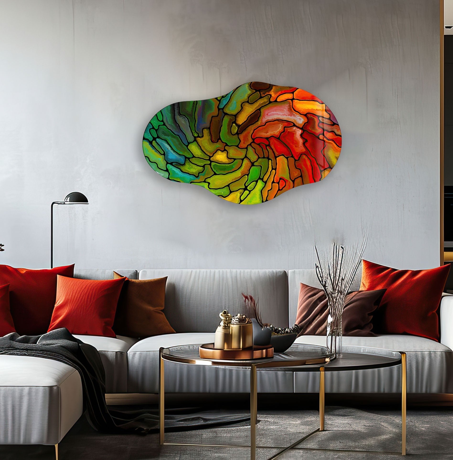 Handmade Asymmetrical Red Stained Glass Wall Art - Modern Abstract Sun Catcher for Home Decor, Living Room, Bedroom & Office