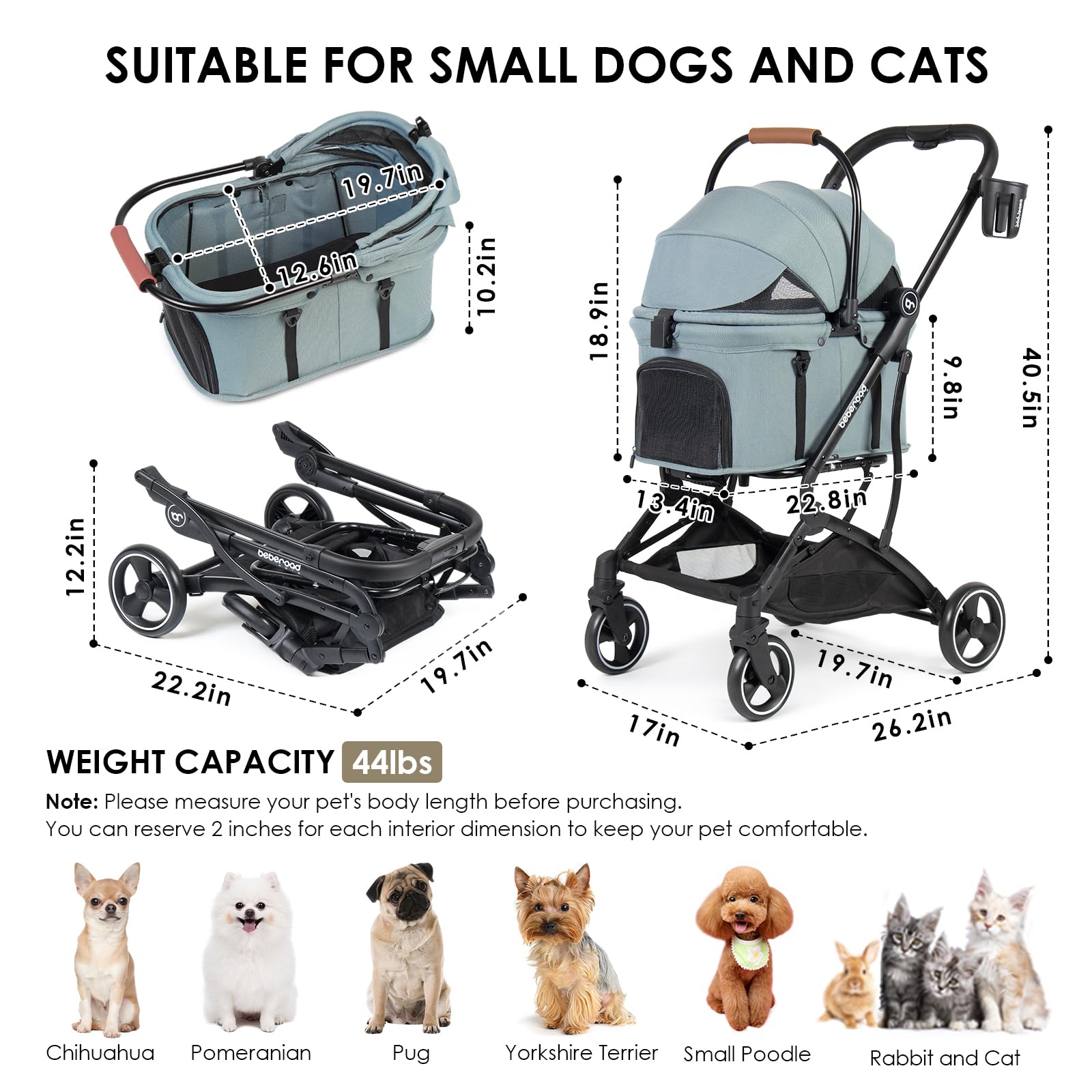 T3 3-in-1 Small Pet Stroller for Dogs & Cats - 4-Wheel Lightweight Folding Design with Removable Carrier, Cushioned Pad, Canopy & Cup Holder - Perfect for Park Walks, Vet Visits & Shopping Trips (Green)