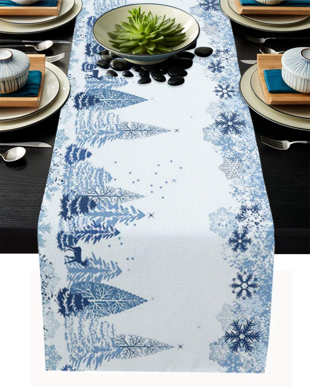 Blue Durable Cotton Linen Table Runner - Watercolor Winter Christmas Tree Snow Design - 13x120 Inch Washable Decorative Tablecloth for Holiday Dining, Party Decor & Home Decoration
