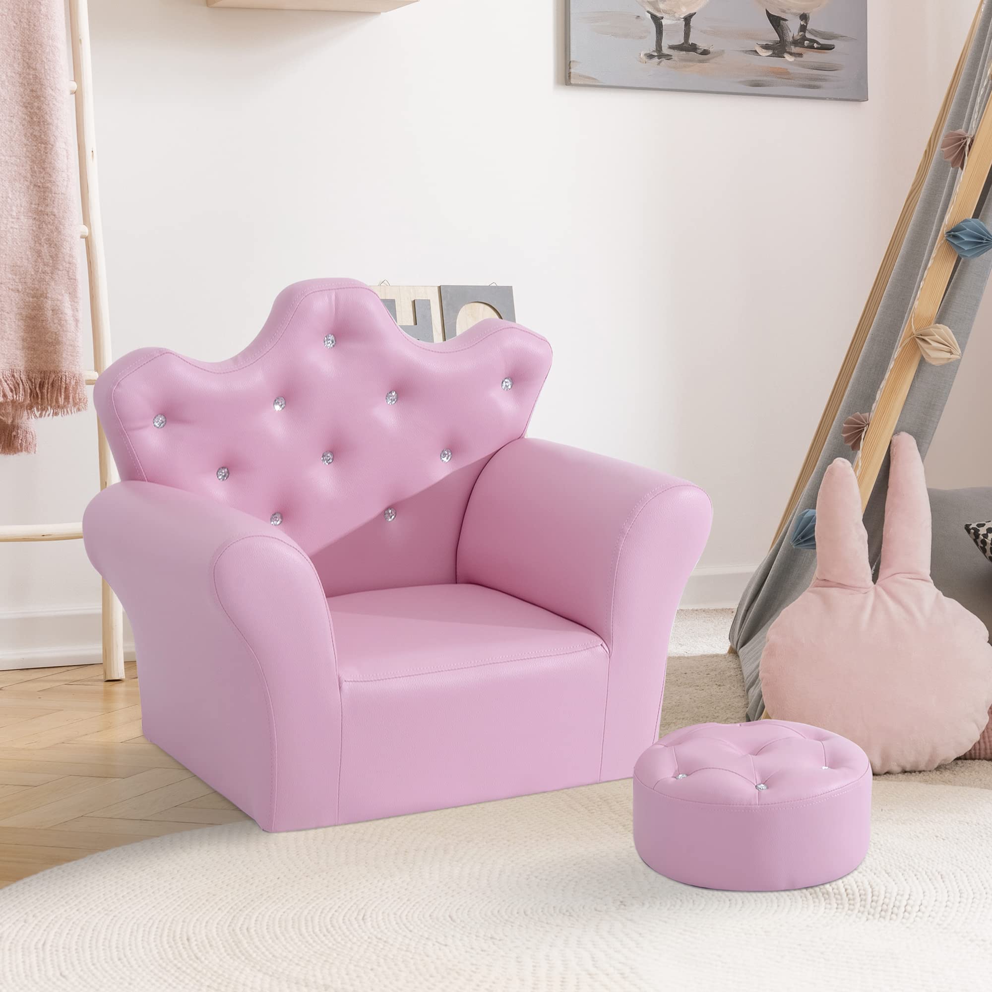 Qaba Kids Sofa Set - Pink Upholstered Princess Sofa with Footstool & Diamond Decorations, Toddler Chair for Girls & Boys, Perfect for Playroom, Bedroom & Nursery Decor