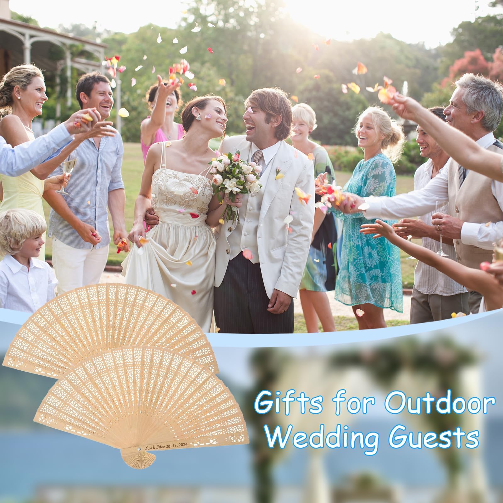 100Pcs Personalized Sandalwood Wedding Folding Hand Fans - Custom Printed Wedding Party Favors with Organza Bags - Elegant Guest Gifts for Outdoor Ceremonies, Beach Weddings & Summer Events (100 Count)