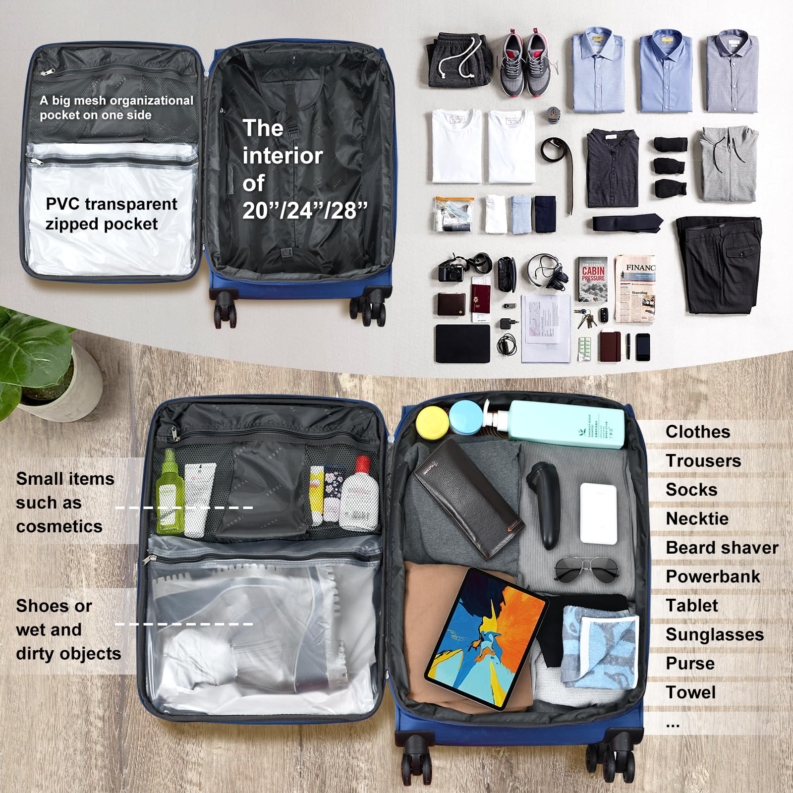 Verdi 24-Inch Expandable Lightweight Spinner Luggage - Softside Suitcase for Travel, Navy Blue, Checked-Large Size | Perfect for Air Travel, Business Trips & Family Vacations
