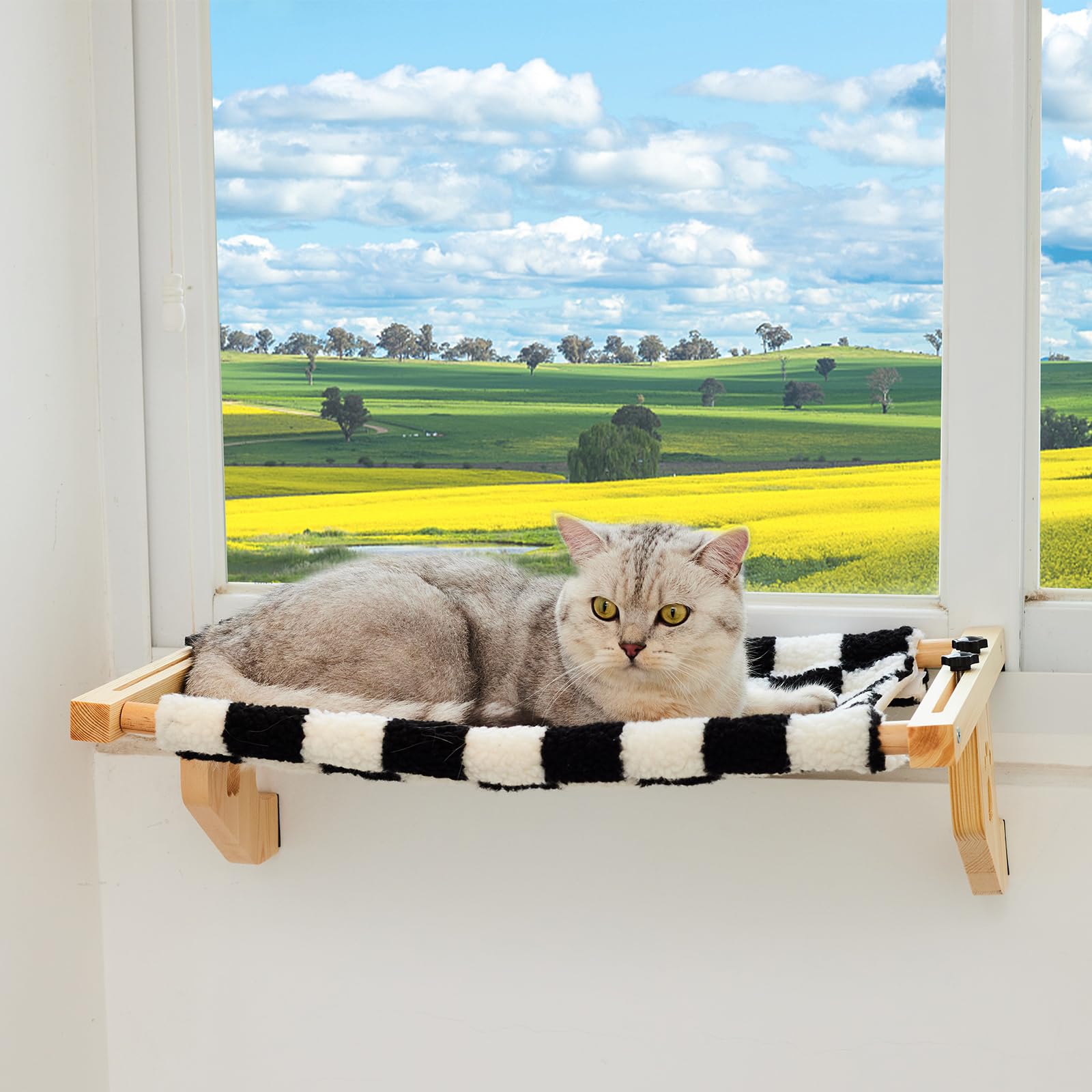 Gray Checkerboard Cat Window Perch with Wood Mat for Indoor Cats