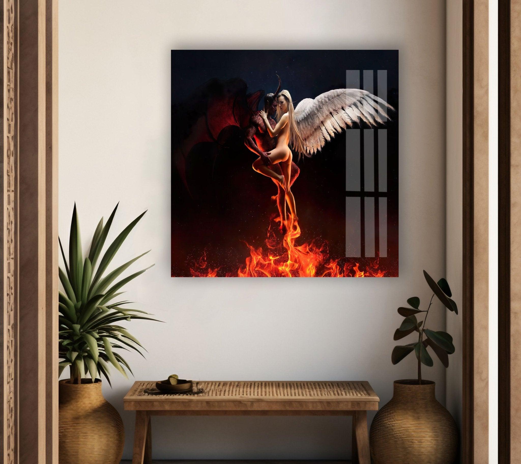 Angel and Devil Stained Glass Wall Art - Elegant Gothic Home Decor for Living Room, Bedroom, or Office