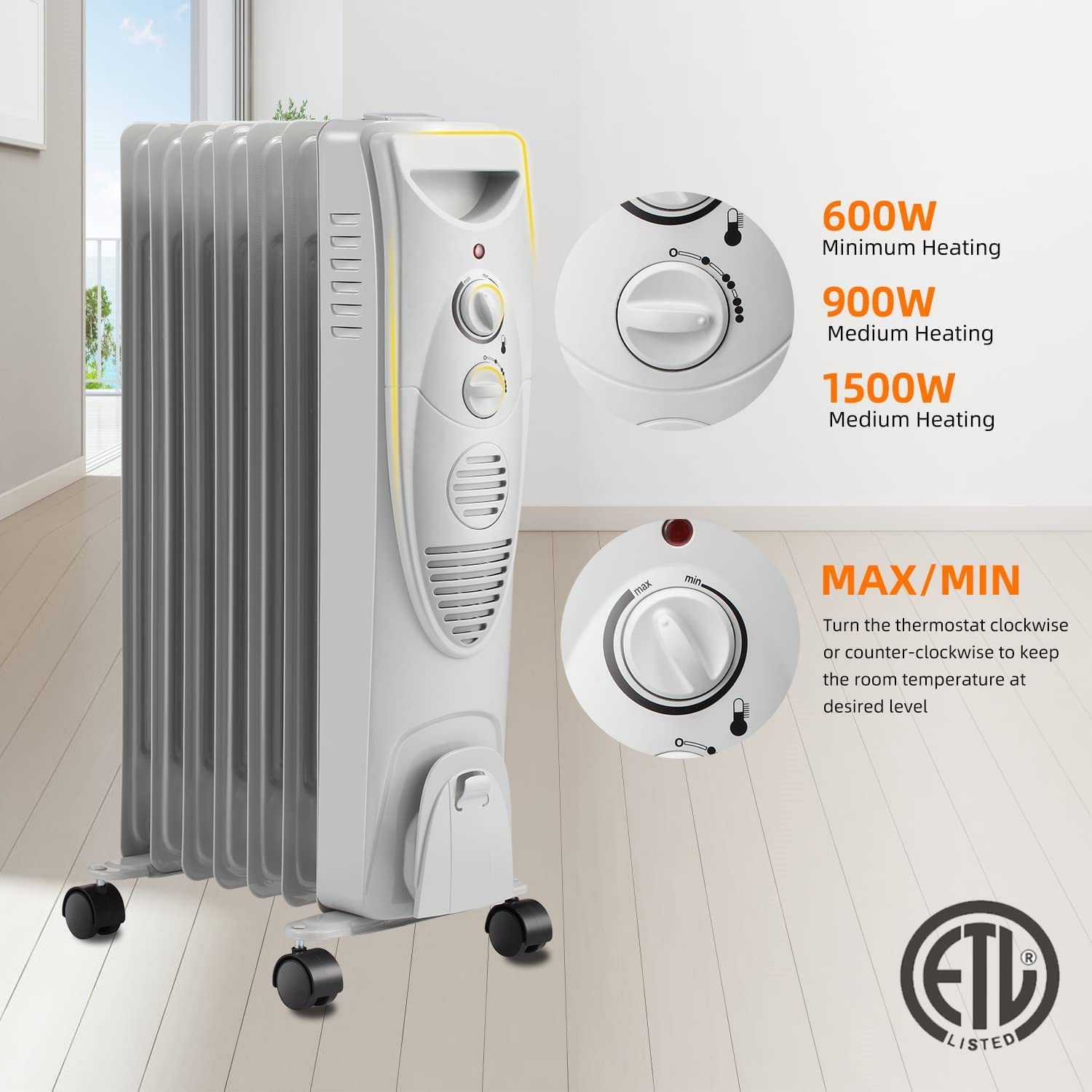 R.W.FLAME 1500W Oil Filled Radiator Heater with 3 Heat Settings & Adjustable Thermostat - Portable Space Heater for Home, Office, Bedroom - Quiet Operation with Tip-Over & Overheating Protection (27 Inch, Grey) - Perfect for Winter Heating & Energy Saving