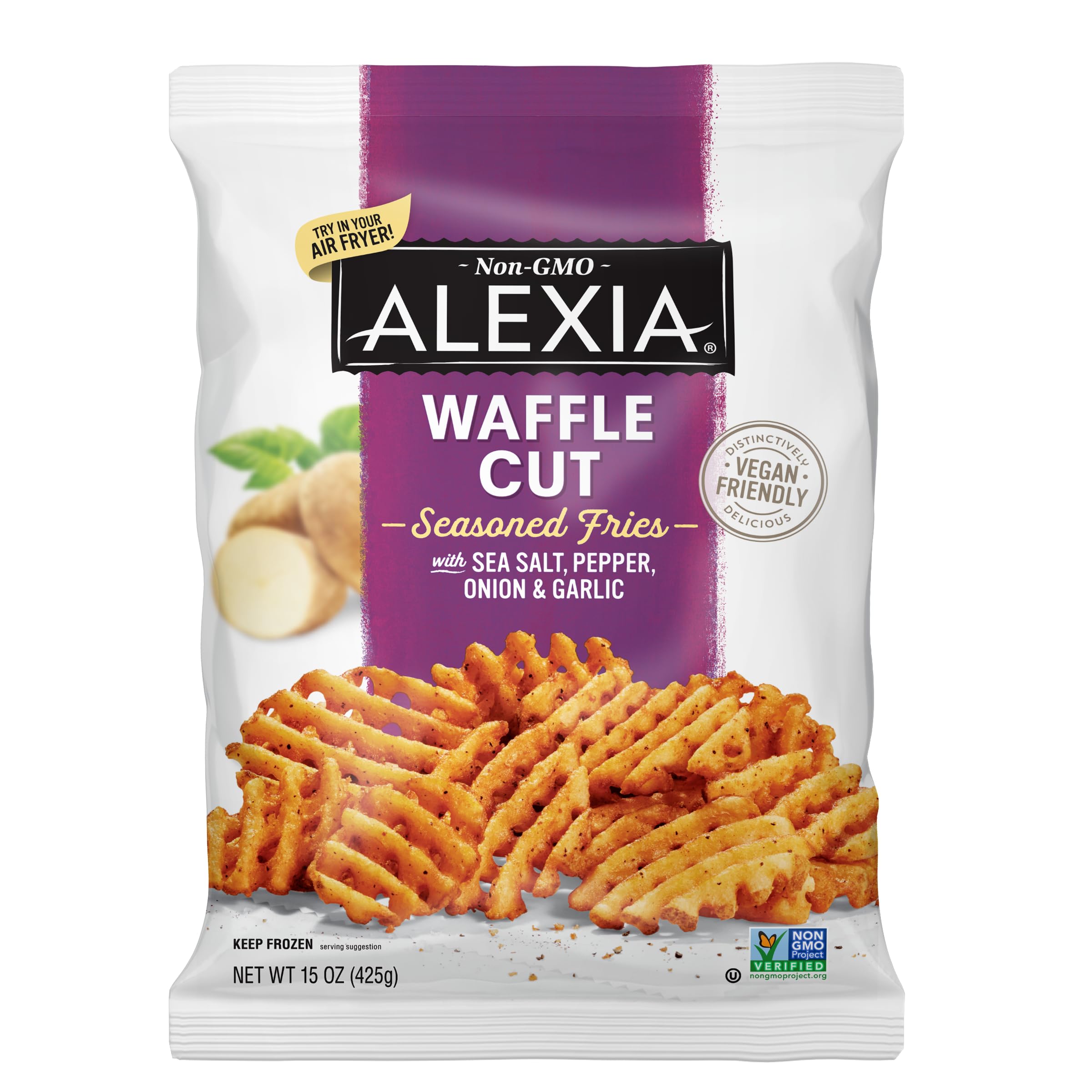 Alexia Foods Seasoned Waffle Cut Fries - 15 oz | Crispy Frozen Potato Snacks for Air Fryer, Oven & Family Meals | Perfect for Parties, Game Nights & Quick Side Dishes