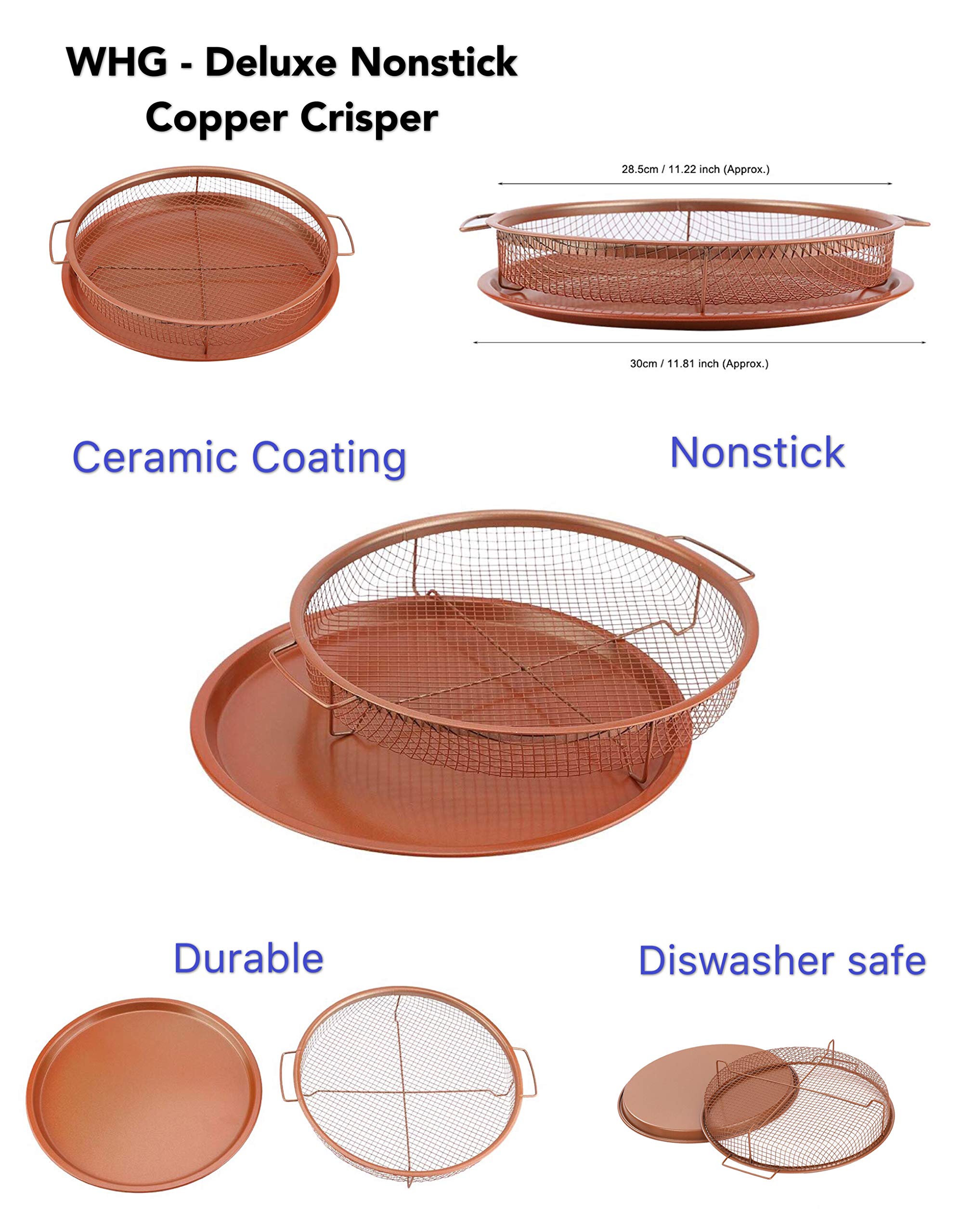 Premium Nonstick Copper Air Fryer Pan & Mesh Basket Set - 2-Piece Oven Safe Cookware for Healthy French Fries, Frozen Foods & Oil-Free Baking | Perfect for Family Dinners, Meal Prep & Quick Snacks by WHG (Round, 2-Pack)