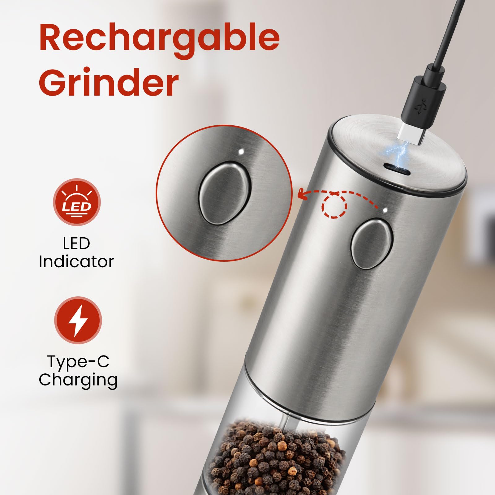Premium Electric Salt and Pepper Grinder Set - Rechargeable Stainless Steel Automatic Mill with 6 Adjustable Coarseness & LED Light - Perfect for Kitchen, Dining & Housewarming Gifts (2-Pack) - Ideal for Cooking, Entertaining & New Home Essentials