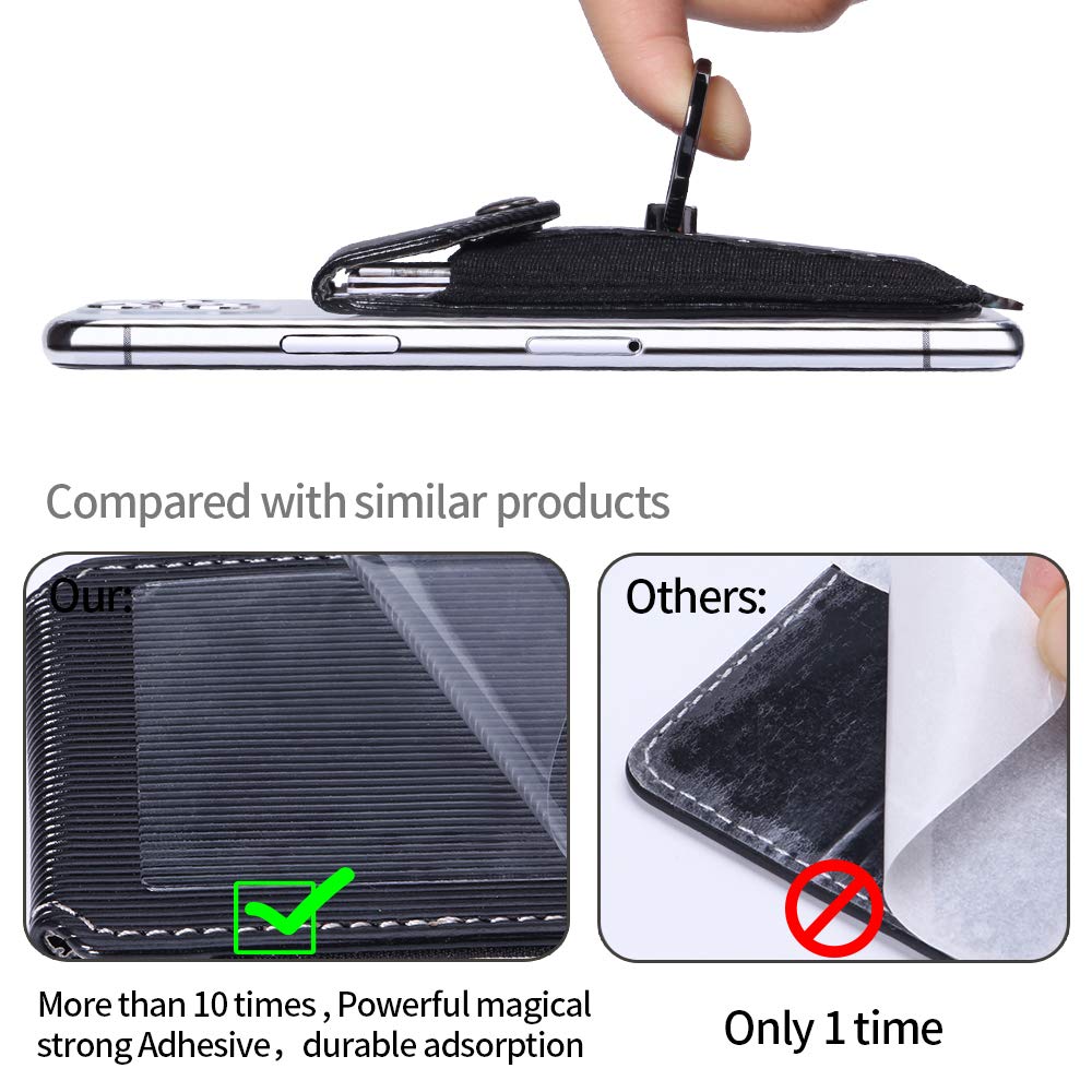 Black Adhesive Stick-on Phone Card Holder with Ring Grip Stand & Detachable Neck Strap - Wallet Pocket for Credit Cards - Perfect for Travel, Shopping & Hands-Free Convenience