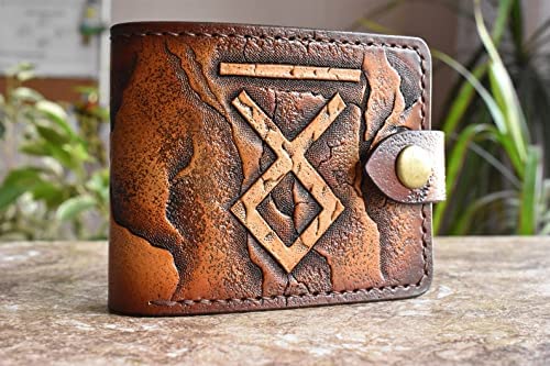 Handmade Men's 3D Genuine Leather Wallet - Custom Carved & Tooled Biker Wallet with Airbrush Art & Runes Design - Perfect for Motorcycle Enthusiasts & Gift Giving