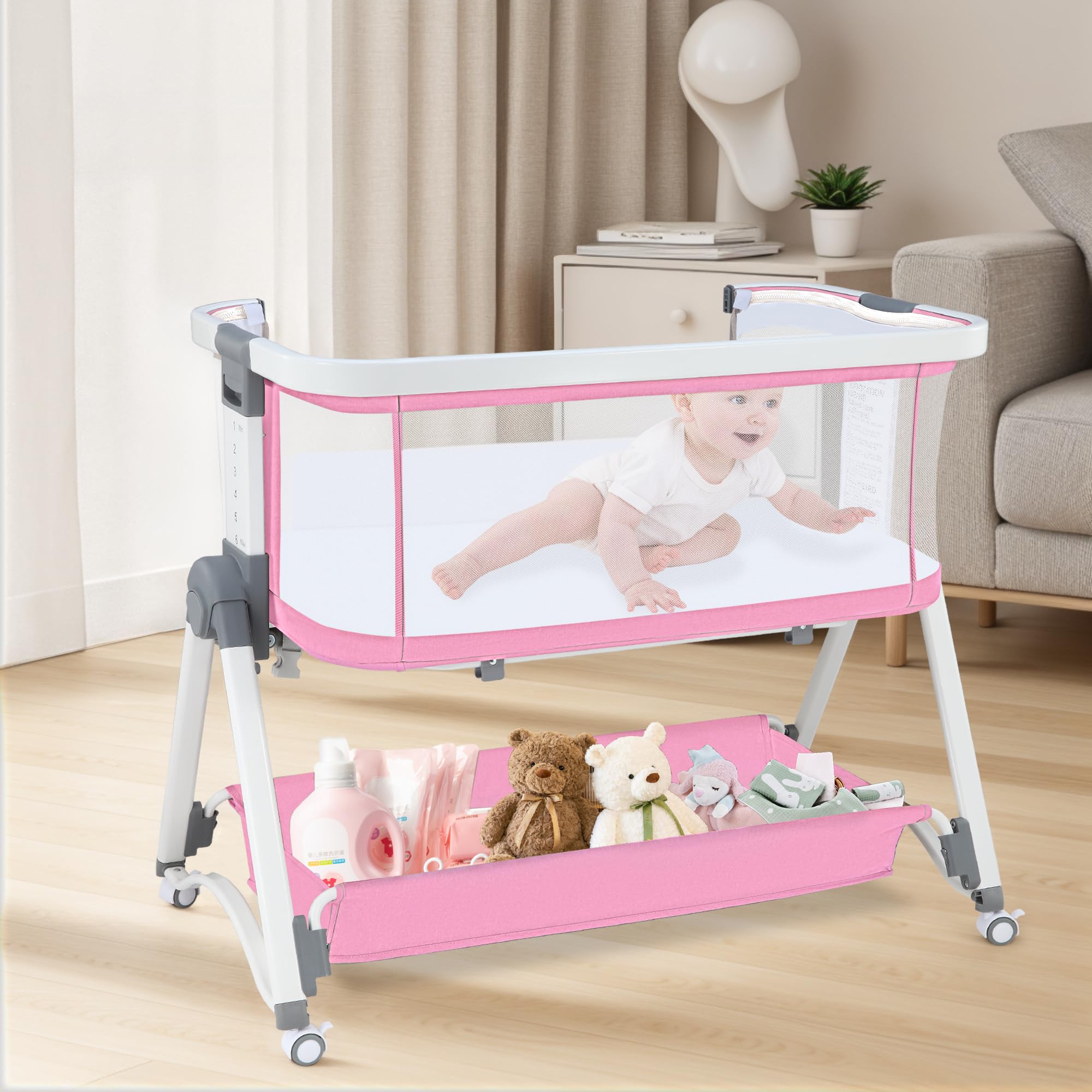 JMMD 3-in-1 Adjustable Baby Bassinet Bedside Sleeper - 6 Height Levels, Foldable & Portable Crib for Newborns & Infants (Pink) | Perfect for Nursery, Bedroom Co-Sleeping & Travel