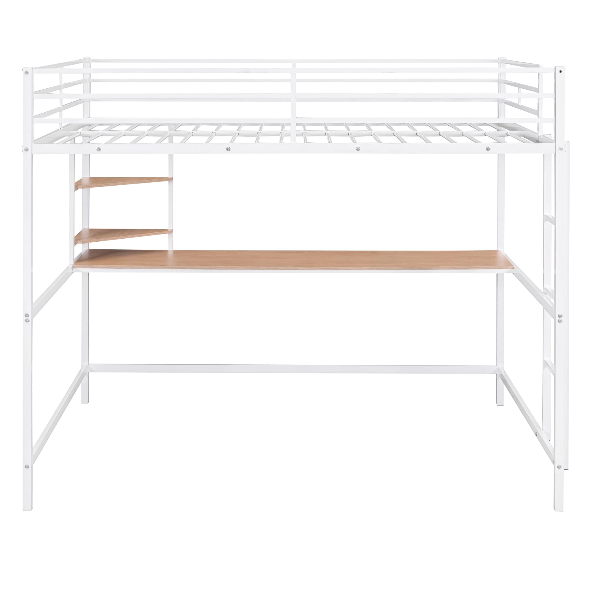 Full Size Loft Bed with Study Desk & Storage Shelves - Heavy Duty Metal Frame Loft Bed for Kids & Teens - Space Saving Design with Safety Guardrail - Perfect for Small Bedrooms, Dorms & Studio Apartments (White)