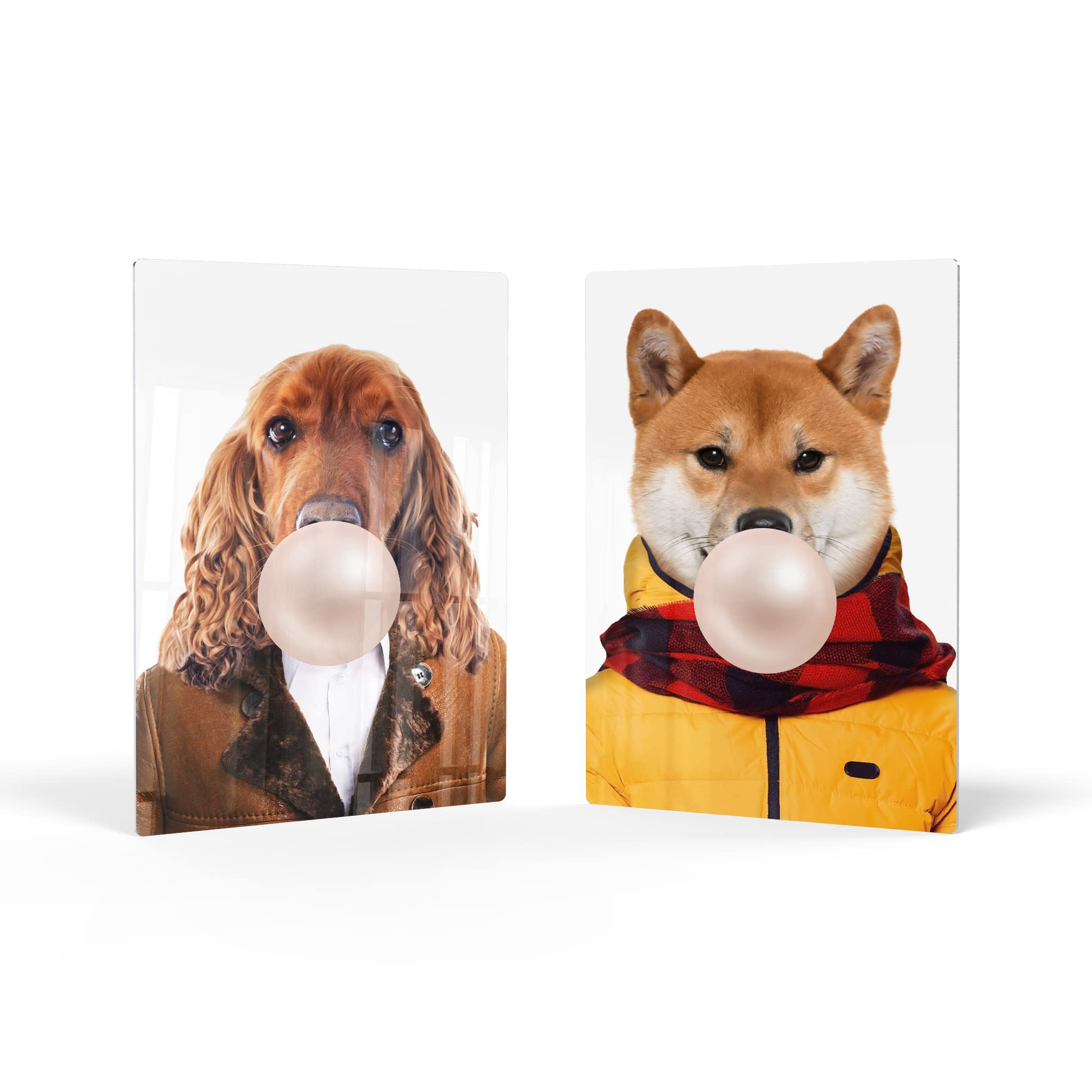 English Cocker Spaniel & Shiba Inu Dog Chewing Bubble Gum Pop Art Metal Wall Decor - 2-Piece Set (40x30 inches) - Perfect for Living Room, Bedroom & Nursery Decor - Unique Animal Art Prints for Home & Office