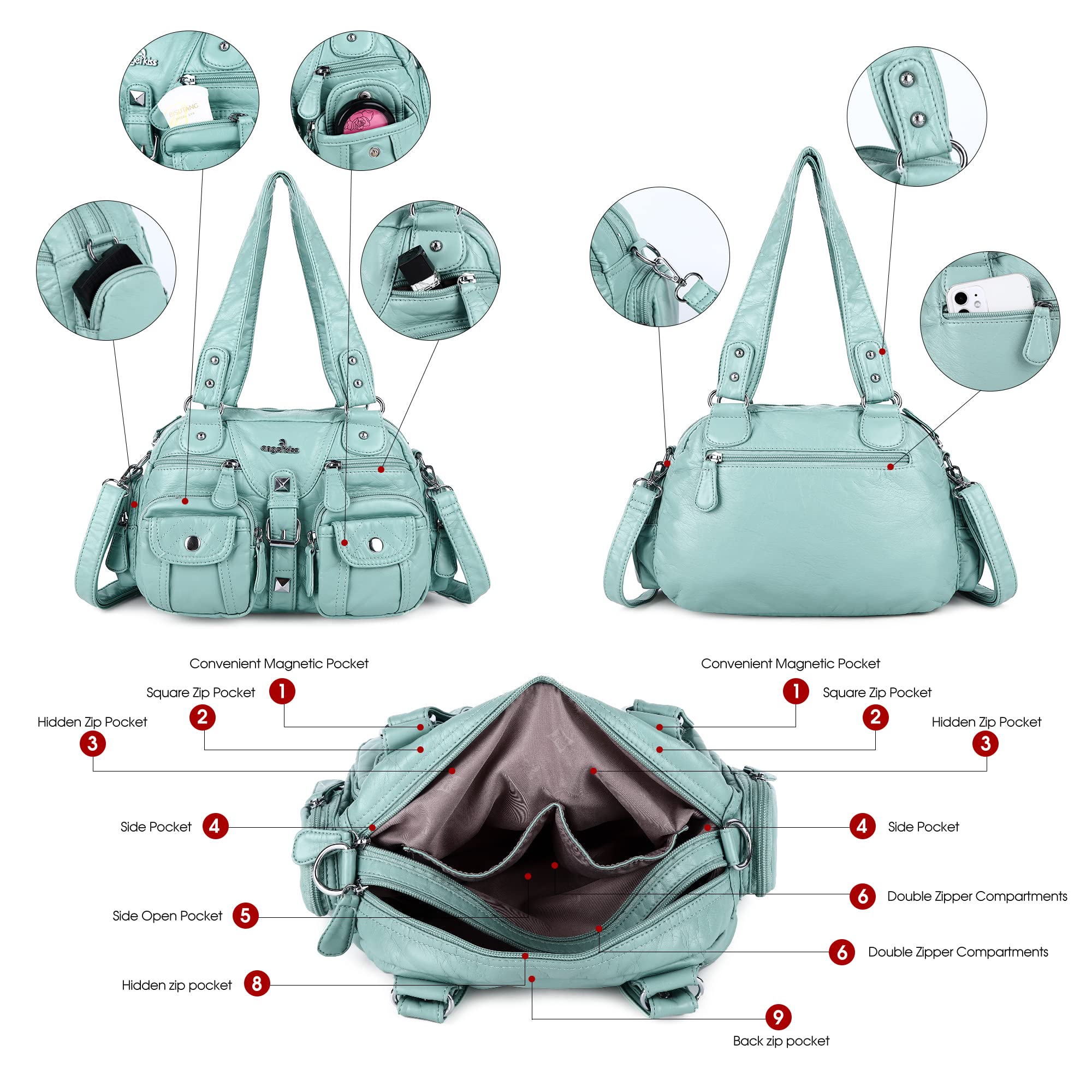 Angel Kiss Women's Soft Leather Hobo Crossbody Shoulder Bag with Removable Strap & Multiple Pockets - Perfect for Work, Travel & Everyday Use