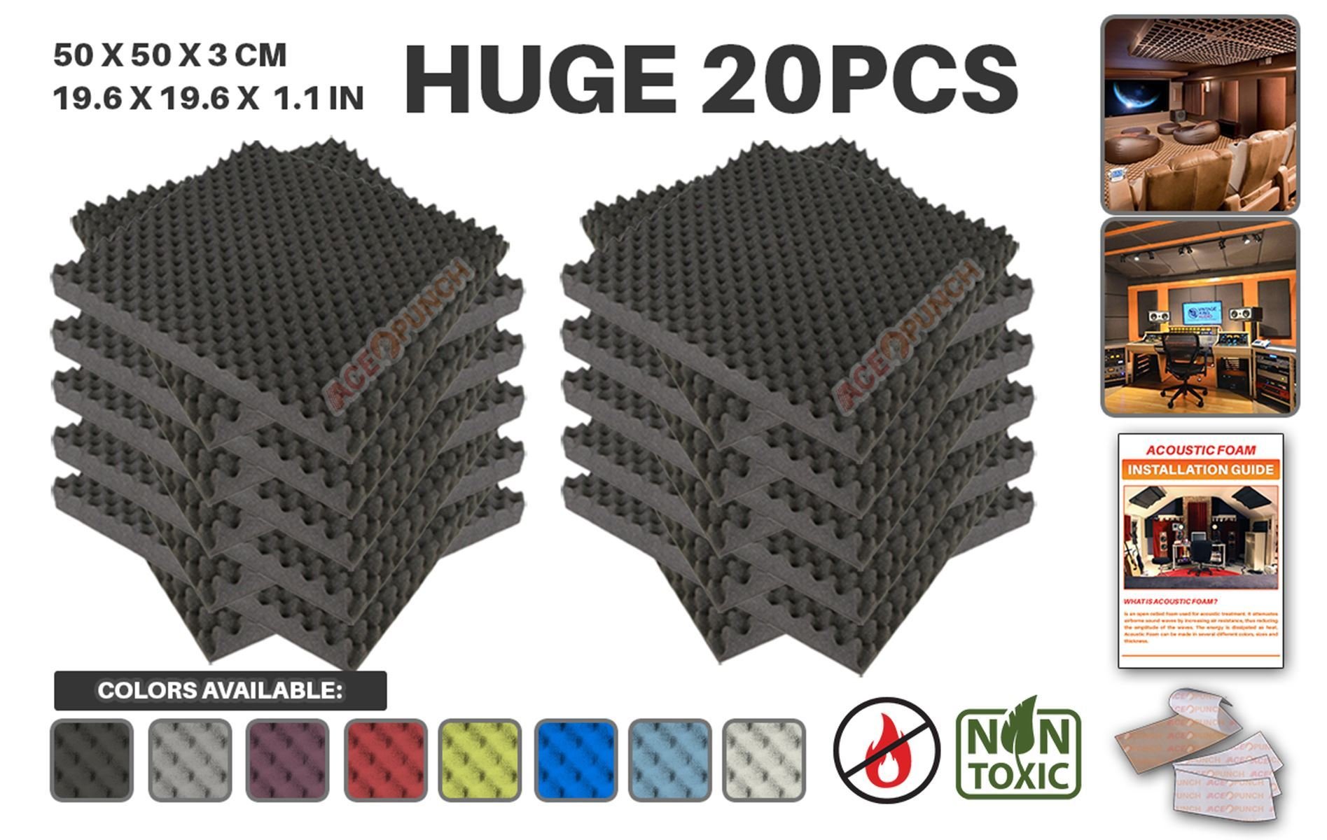 20 Pack Black Acoustic Foam Panels - 19.6