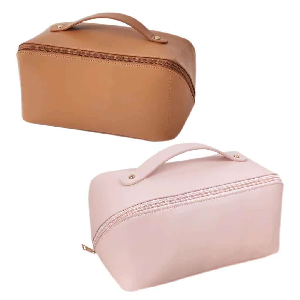 Large-Capacity Waterproof Travel Cosmetic Bag with Handle & Divider - 2PC Set (Brown+Pink) | Multifunctional Makeup Organizer for Skincare, Toiletries & Cosmetics | Perfect for Air Travel, Gym & Vacation Essentials