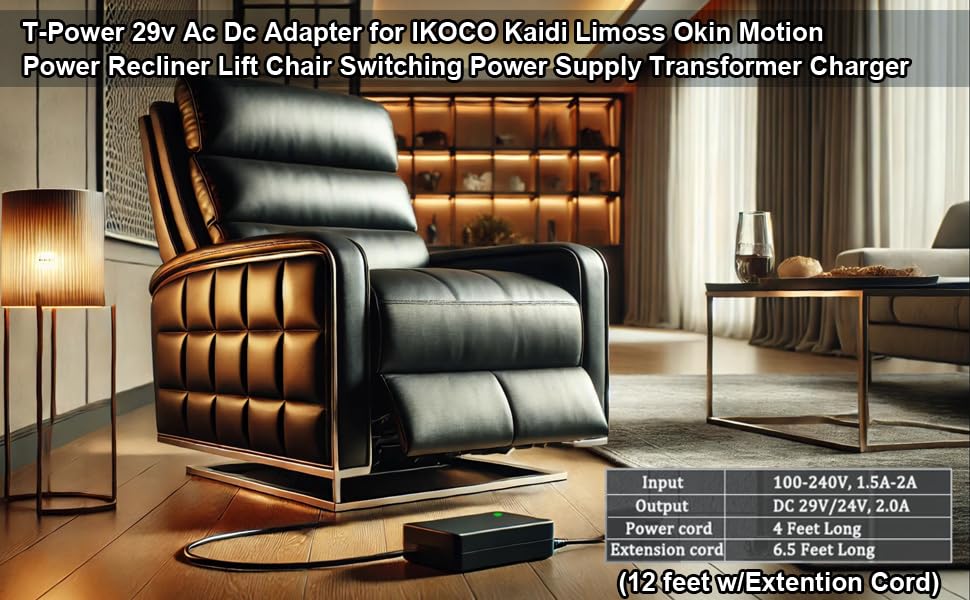 24V-29V Universal Power Adapter for Pride Mobility, Limoss, Okin, Ikoco, Kaidi, Motion & Best Choice Electric Lift Chairs - Long Cord AC/DC Charger for Recliners & Mobility Chairs - Perfect for Home & Healthcare Use