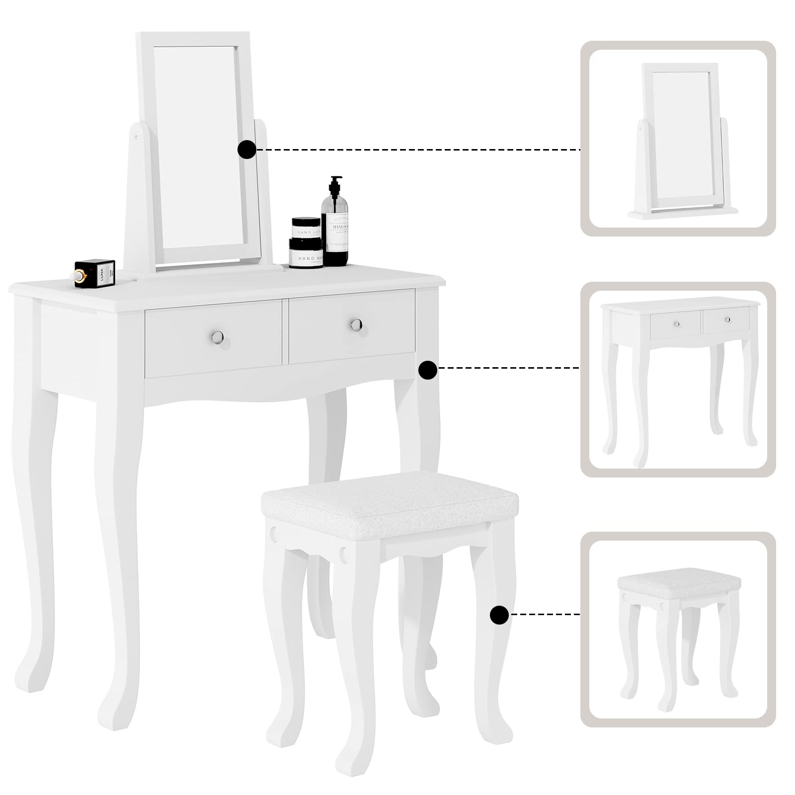 Soges White Makeup Vanity Table Set with 2-Drawer Dresser Desk, 360° Rotating Mirror & Cushioned Stool - Elegant Bedroom Dressing Table for Women's Beauty Routine, Cosmetics Organization & Home Decor