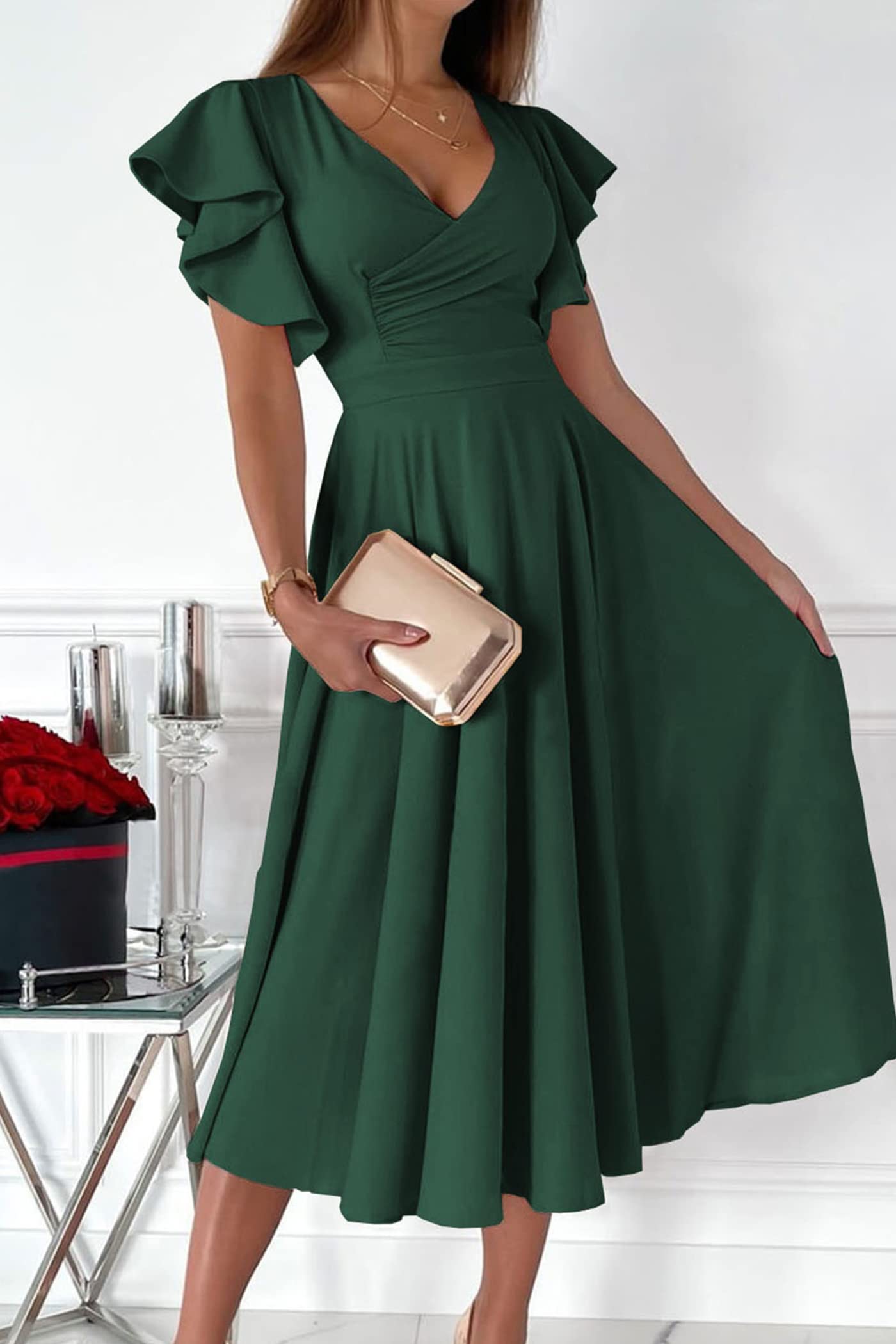 PRETTYGARDEN Women's Summer Midi Dress 2025 - Ruffle Sleeve V-Neck A-Line Cocktail Dress for Wedding Guest, Party & Special Occasions | Flowy Fit and Flare Design for Spring/Summer Events