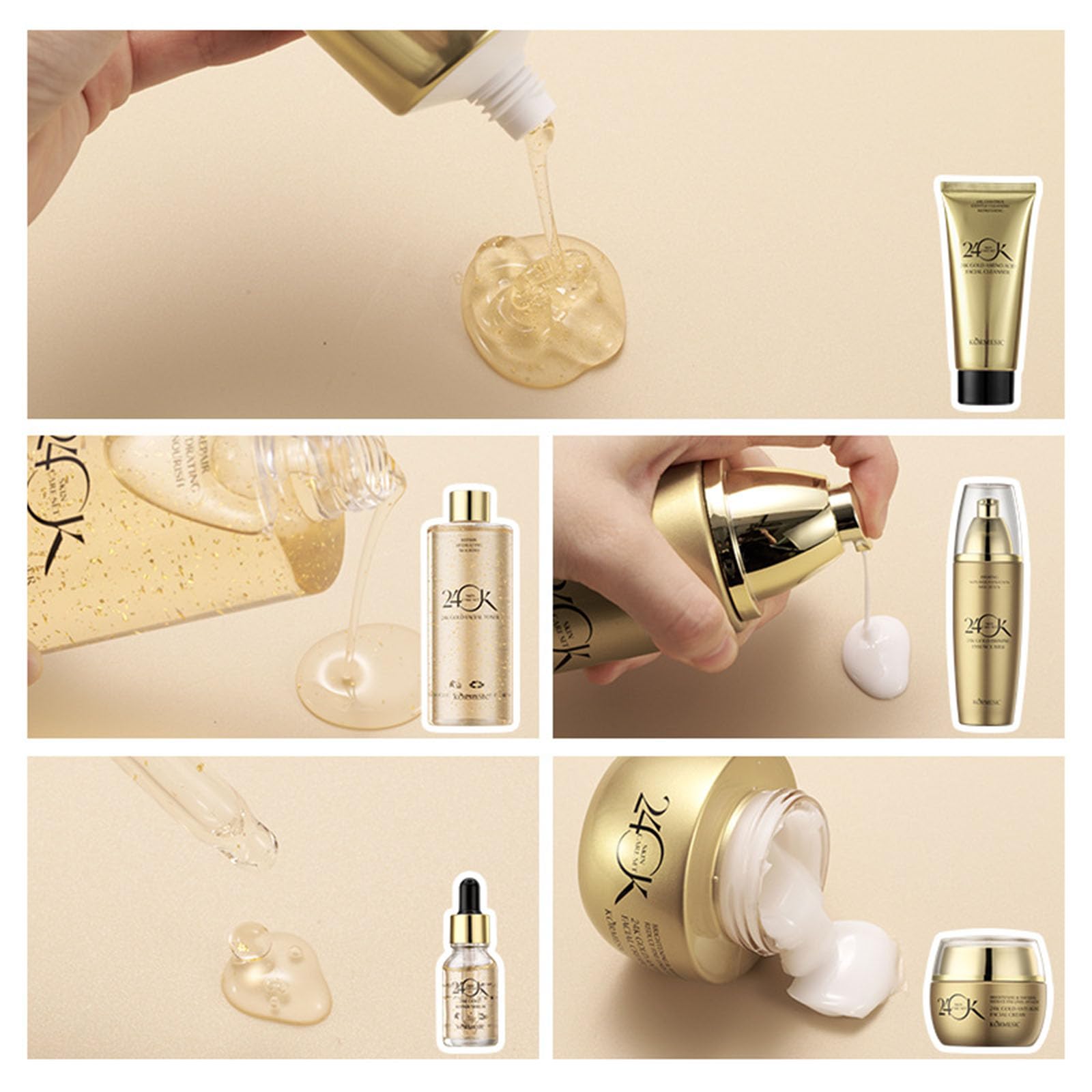 24K Gold Anti-Aging Skincare Set - 6 Piece Luxury Facial Care Kit with Cleanser, Serum (2pcs), Eye Cream, Essence Milk & Toner for Women | Hydrating, Brightening & Wrinkle Reduction | Perfect for Daily Routine & Gift Giving