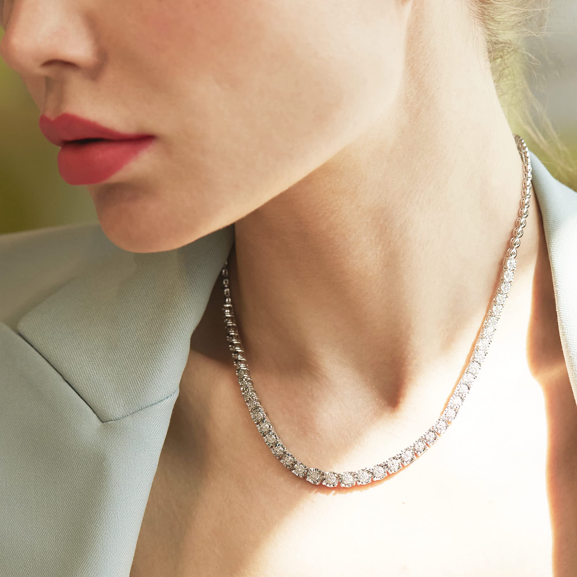 1/3 Carat Natural Diamond Tennis Necklace in Sterling Silver - 18 Inch | Round Cut Bezel Set Diamond Necklace for Women | Elegant Fine Jewelry Gift with Box | Perfect for Weddings, Anniversaries & Special Occasions