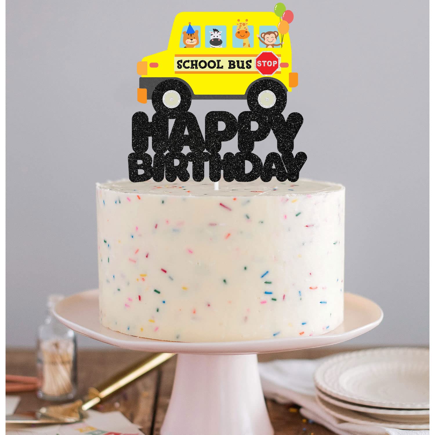 Fun Animal Party Bus Cake Topper - School Celebration & Birthday Cake Decoration - Perfect for Back to School Parties, Birthday Cakes, and Themed Dessert Decorations