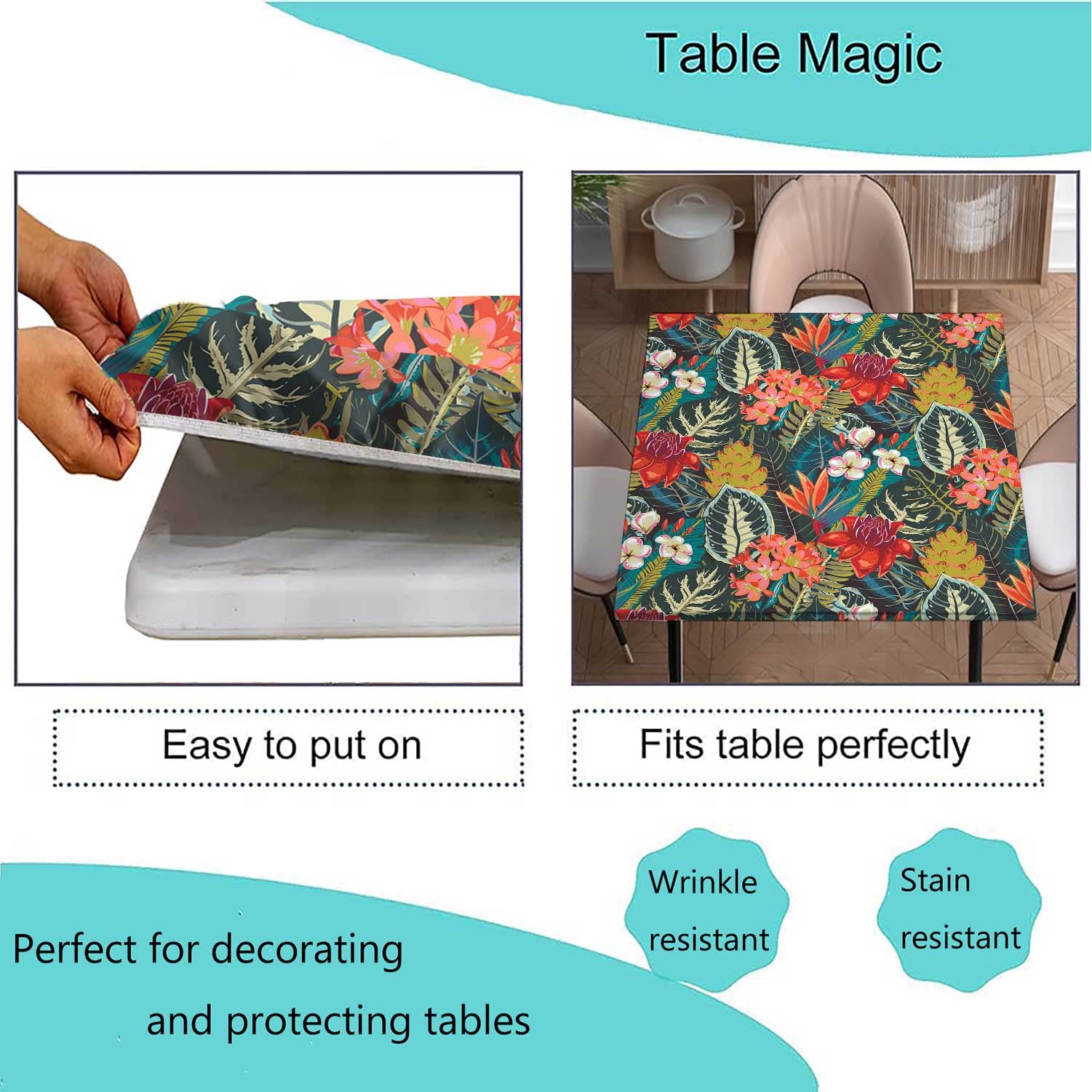 Tropical Hawaii Square Tablecloth 42x42 Inch - Elastic Edge Palm Leaves Design, Wrinkle & Dust Proof Waterproof Polyester Table Cover for Indoor Outdoor Party, Dining, Picnic, BBQ, and Home Decor
