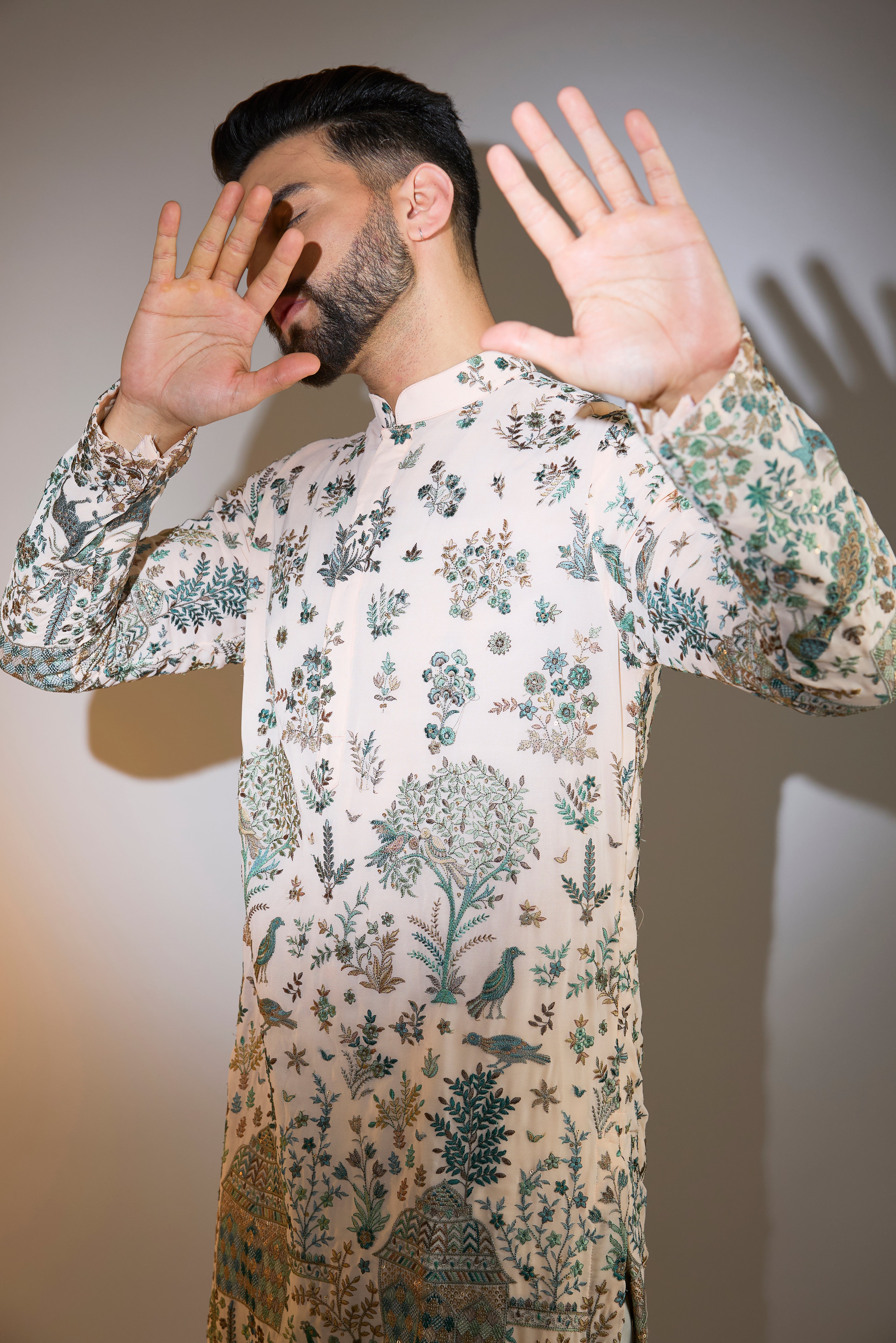 Peach Threadwork Kurta with Intricate Floral & Fauna Motifs - Elegant Ethnic Wear for Festivals, Weddings & Special Occasions