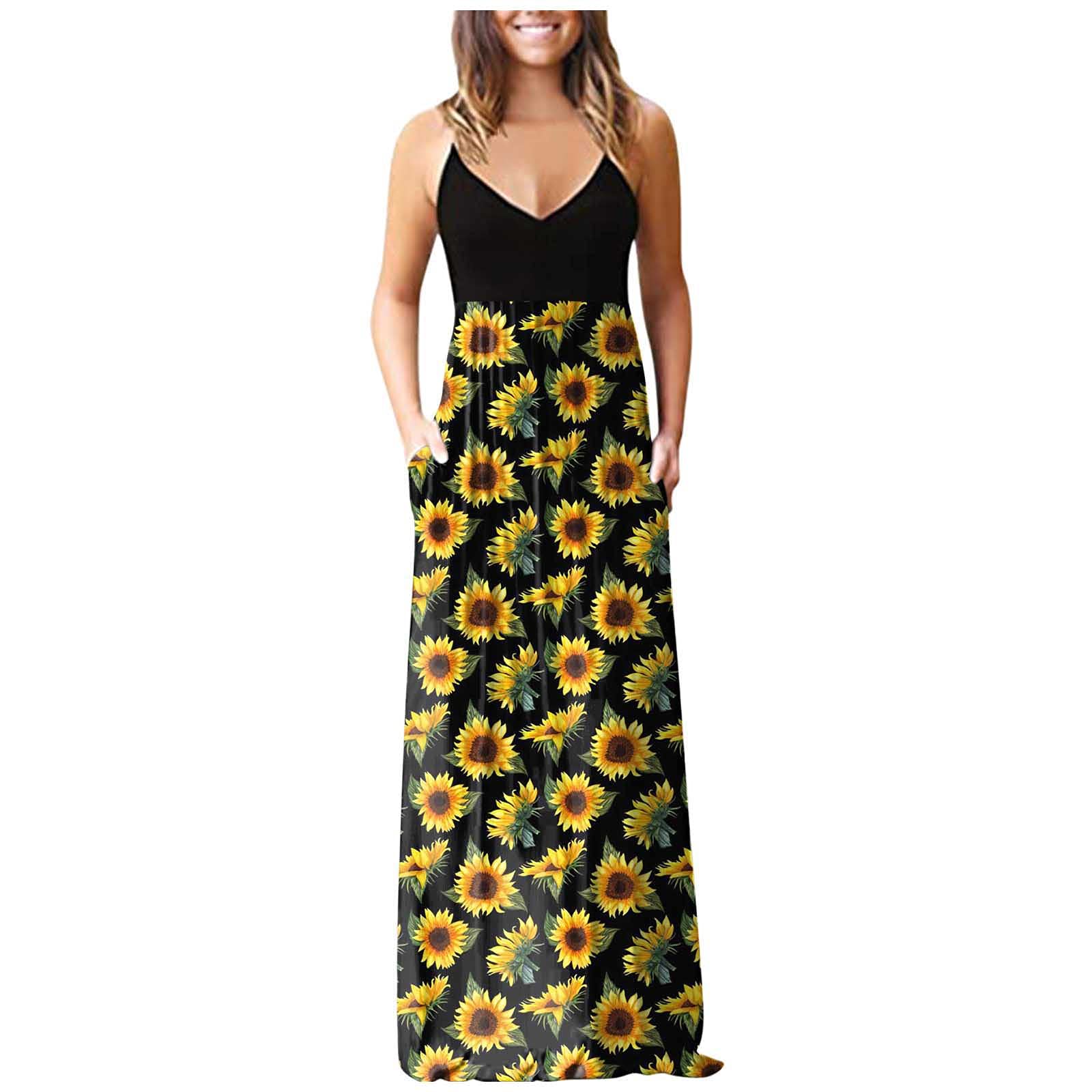 Women's Floral Print Sleeveless Maxi Beach Dress with Pockets - Casual Loose Fit Summer Spring Long Dress for Vacation, Poolside, and Outdoor Activities
