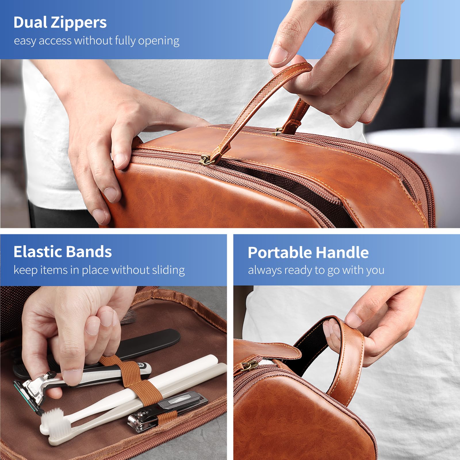 HOTOR Waterproof Leather Travel Toiletry Bag for Women & Men - Compact Toiletries Organizer with Handle, Cruise & Airplane Essentials, Brown Medium Size - Perfect for Weekend Trips, Business Travel & Vacation Packing