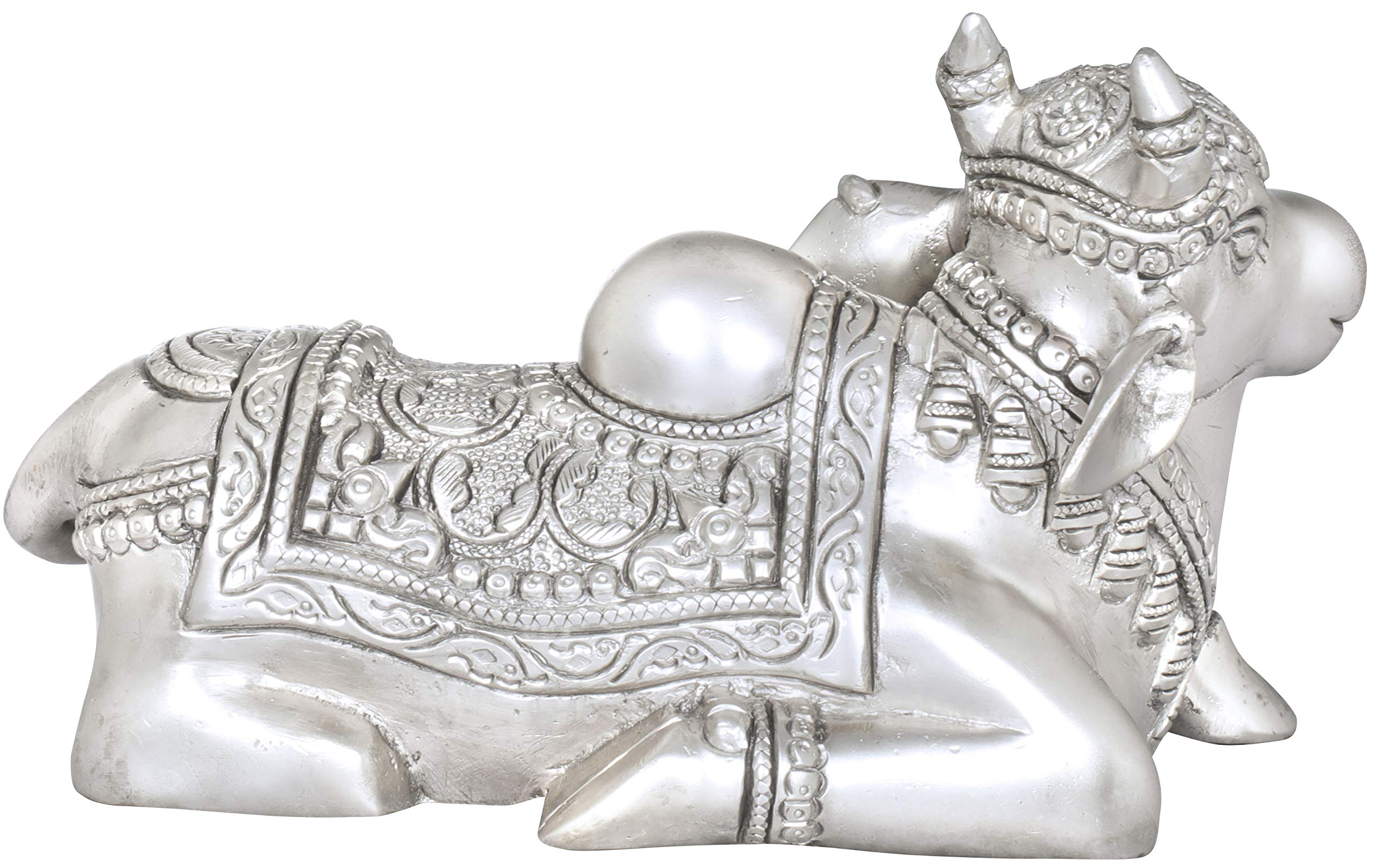 Exotic India Nandi - The Sacred Mount of Lord Shiva - Handcrafted Brass Statue in Alluring Silver Finish | Hindu Deity Home Decor, Yoga Meditation Altar, Spiritual Gift