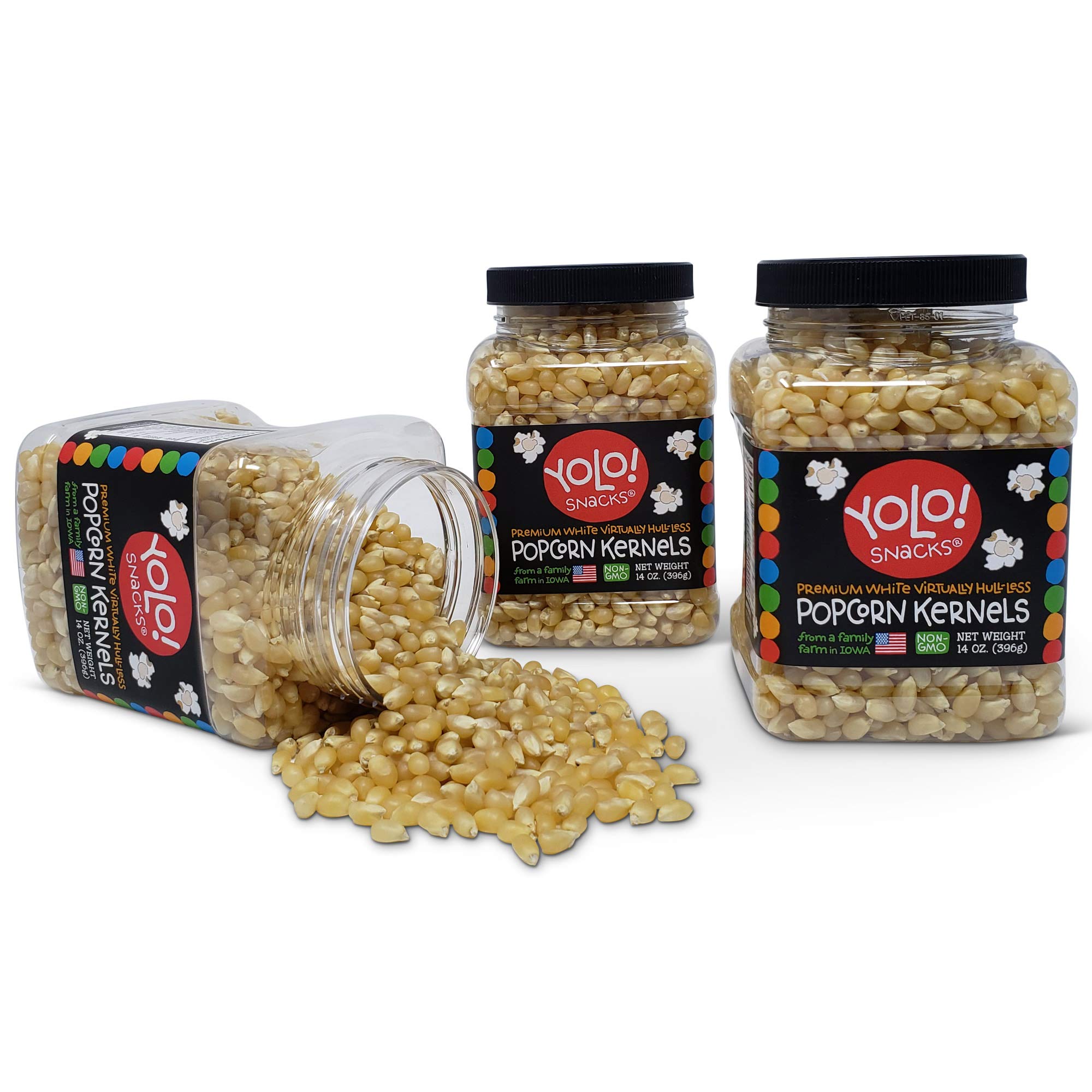 YOLO! Snacks - Premium Non-GMO White Hulless Popcorn Kernels (14oz, 3-Pack) - Small Kernels for Perfect Popping - Ideal for Movie Nights, Parties & Healthy Snacking