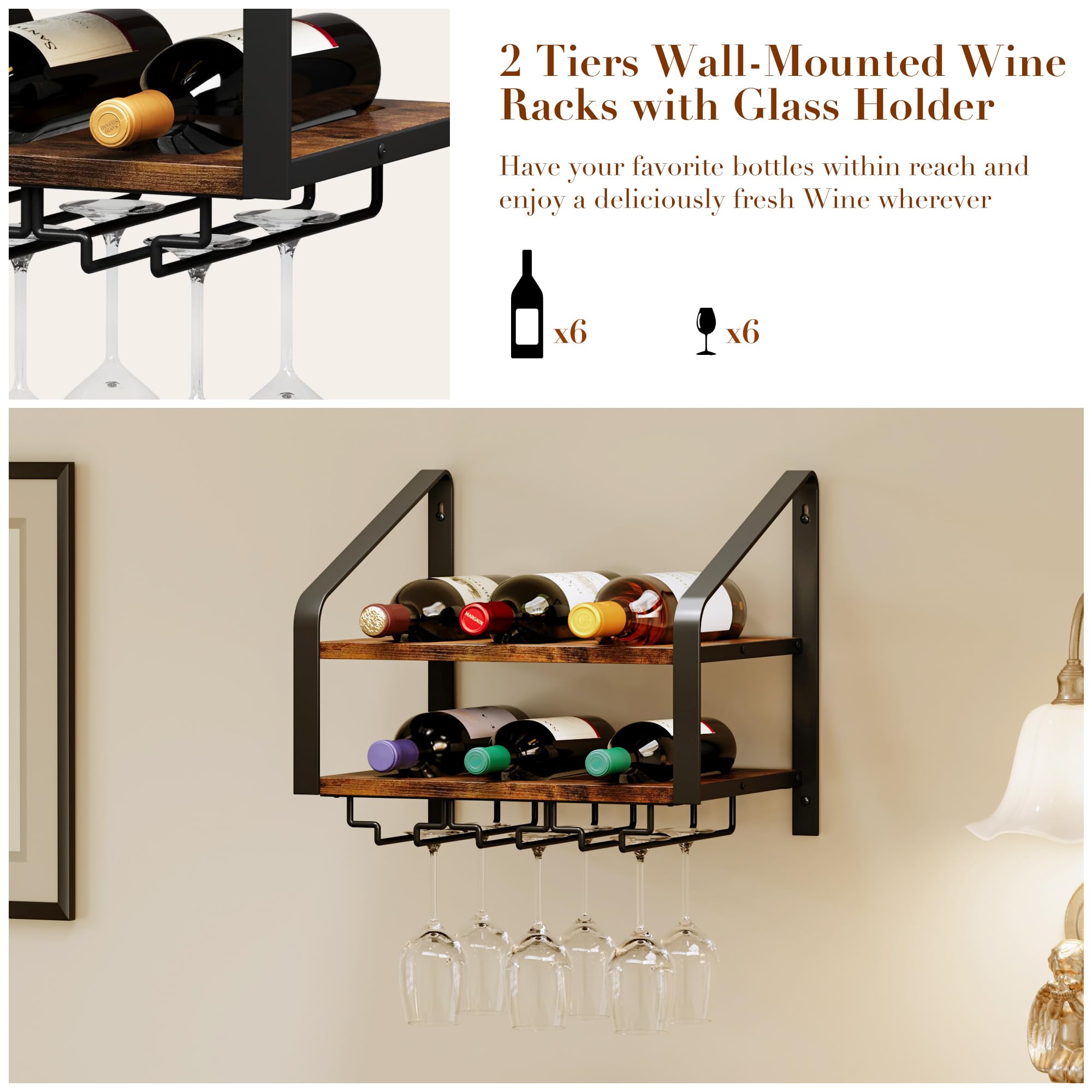 2-Tier Wall Mounted Wine Rack for 6 Bottles & 6 Glasses - Solid Wood & Metal Wine Bottle Holder for Home Bar, Kitchen, Dining Room - Space-Saving Wine Storage Solution (Brown Black) - Perfect for Small Spaces, Apartment Living & Entertaining Guests