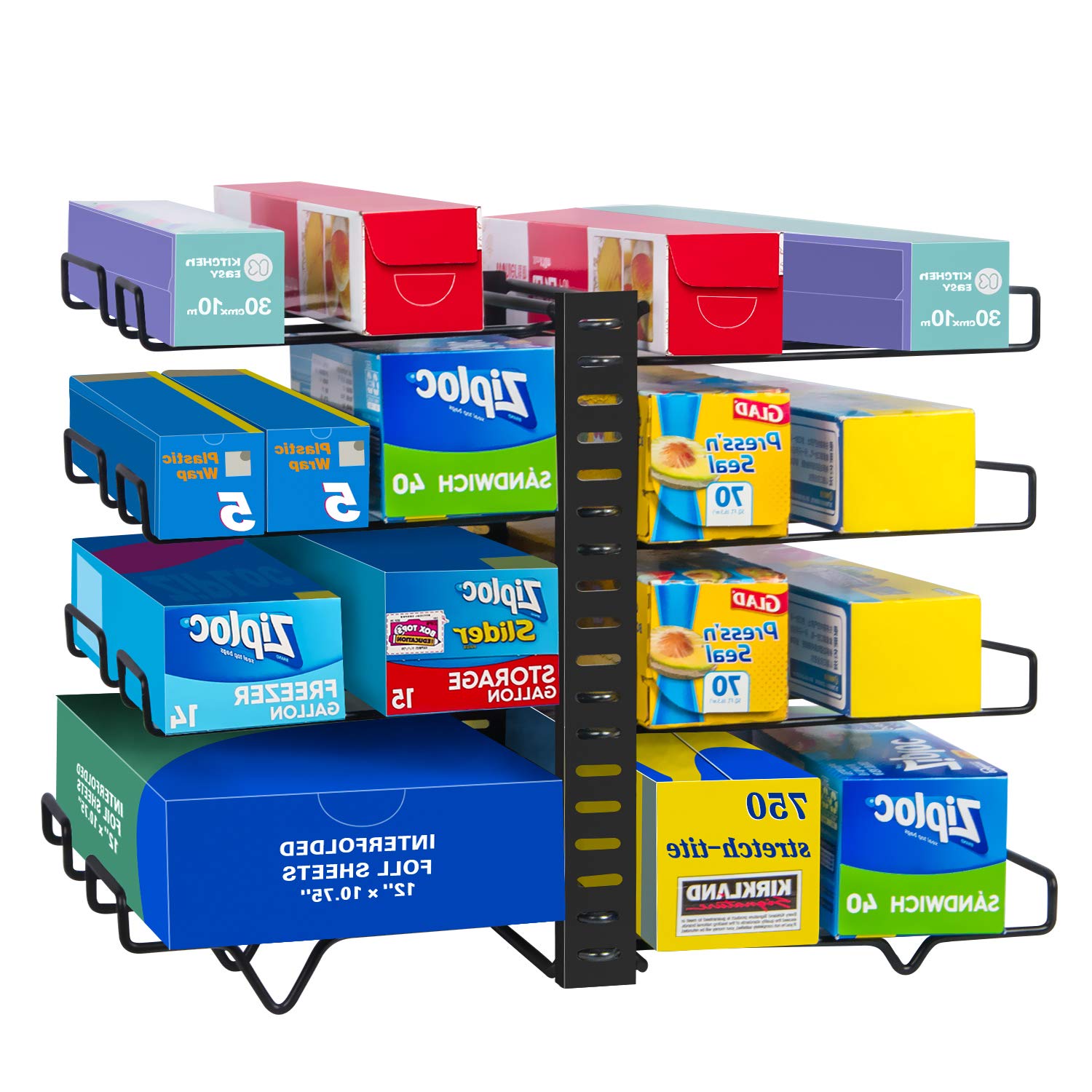 Upgraded X-cosrack Adjustable Wrap Organizer Rack - 8 Wire Holders, Multifunctional Kitchen Storage for Plastic Wrap, Foil & Parchment Paper - Space Saving Cabinet & Pantry Organizer - Black Small (Patent Pending) - Perfect for Kitchen Countertops, Drawers & Closet Organization