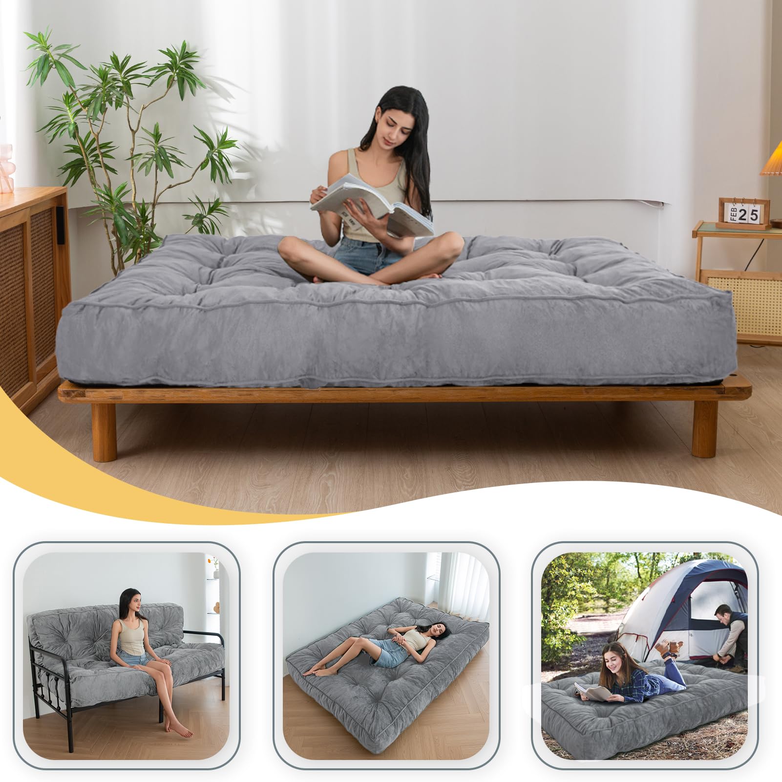 MAXYOYO 8 Inch Full Size Futon Mattress - Extra Thick Velvet Sofa Bed & Floor Mattress for Adults with Shredded Foam Filling (Dark Grey) - Perfect for Guest Rooms, Dorms, Apartments & Small Spaces