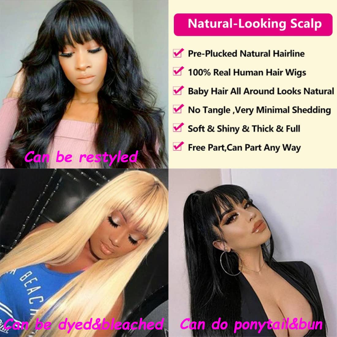 360 Lace Front Human Hair Wigs Pre Plucked Bleached Knots - Light Yaki Straight 16 Inch Glueless Lace Wig with Bangs 150% Density for Black Women | Natural Color | Perfect for Daily Wear, Parties & Special Occasions