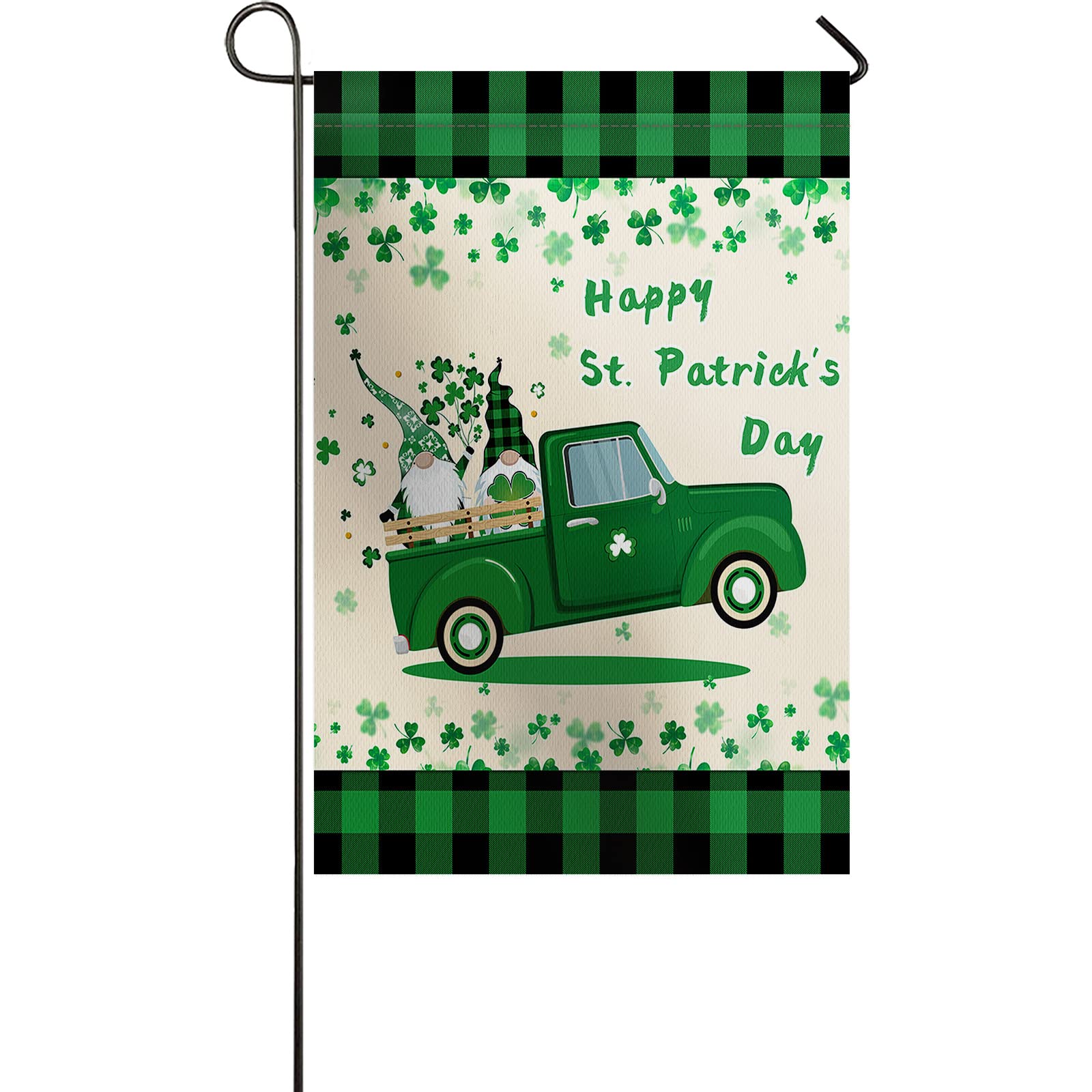 Double Sided St. Patrick's Day Garden Flag - Cute Gnome with Lucky Shamrock Truck Design, Green Plaid House Banner for Outdoor Yard Decoration | Perfect for Front Porch, Lawn & Holiday Festivities