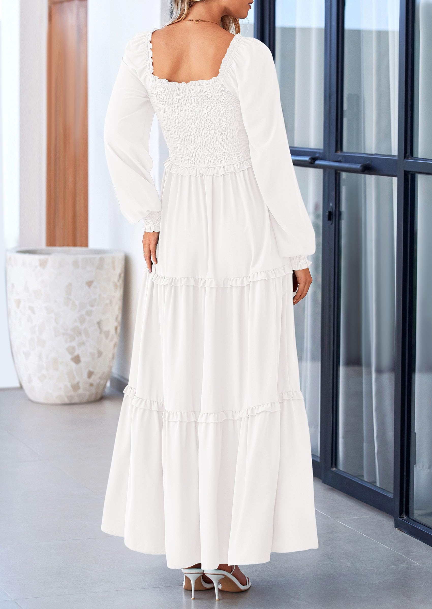 PRETTYGARDEN Women's Smocked Maxi Dress - Long Sleeve Square Neck Tiered A-Line Flowy Dress with Pockets for Spring & Fall | Casual Wear for Brunch, Date Night & Outdoor Events