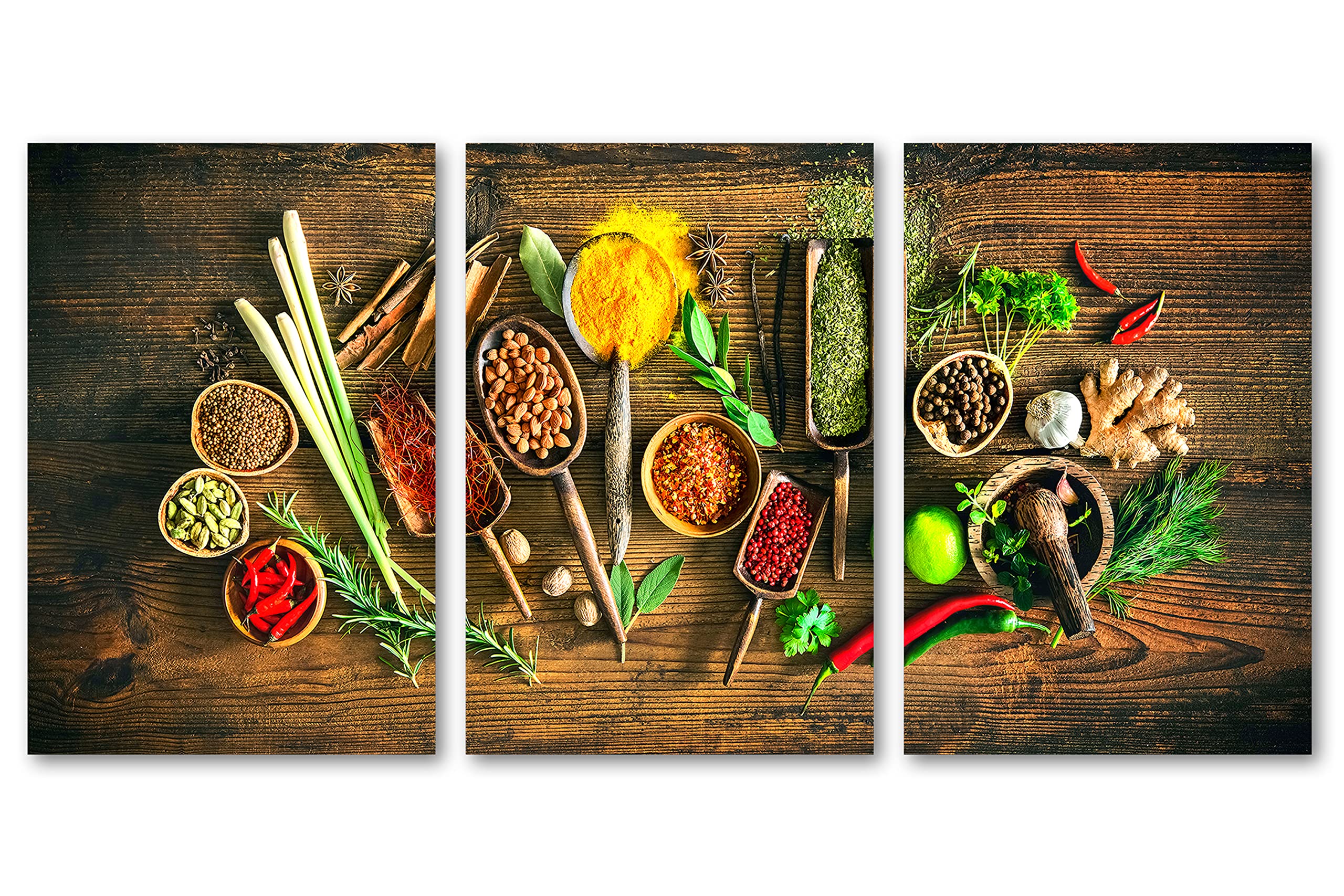 48 x 24 Inch Spices Canvas Print Wall Art - 3 Panel Split Kitchen Decor with Herbs & Spices Design | Perfect Cooking Gift & Kitchen Wall Art for Home Chefs & Food Lovers
