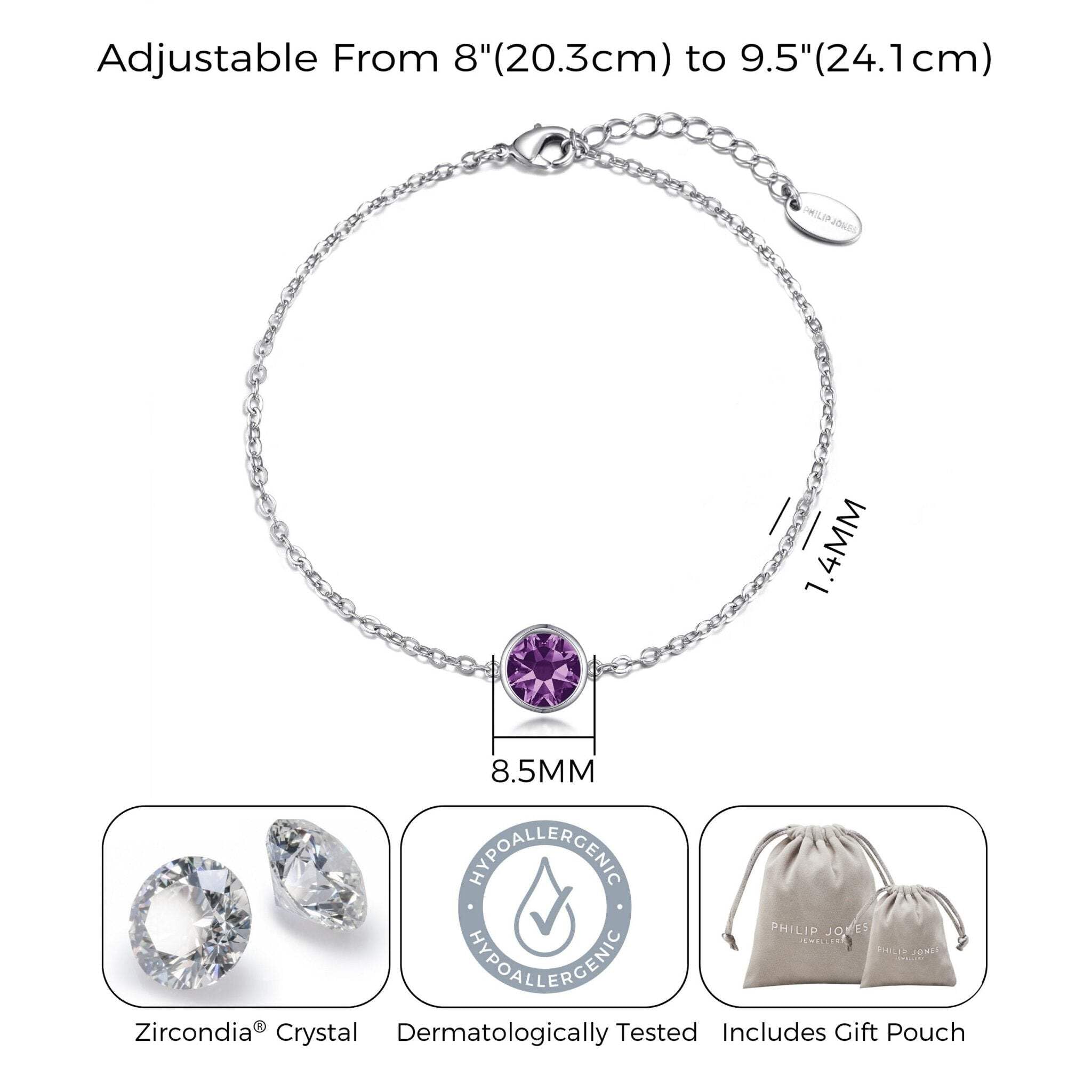 Philip Jones Purple Crystal Anklet with Zircondia® Crystals | Elegant Ankle Bracelet for Women | Perfect for Weddings, Parties & Everyday Wear